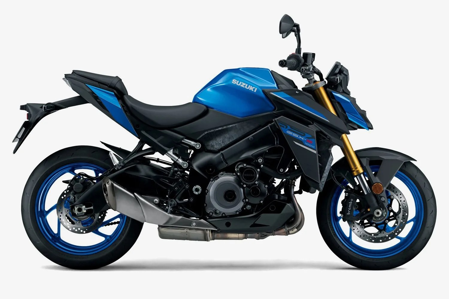 Blue and black Suzuki GSX-S1000 motorcycle with blue rims, gold front forks, and a black seat, shown in a side profile view.