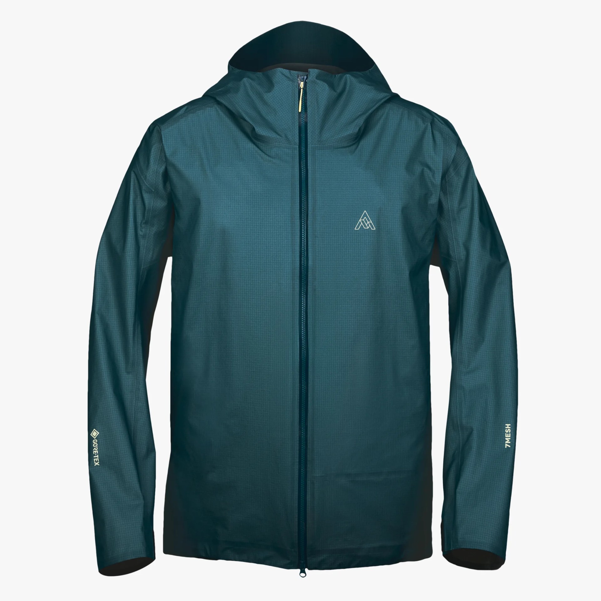 Lightweight dark teal waterproof jacket with a hood, full front zipper, and long sleeves. The left sleeve features the "GORE-TEX" logo, and the right sleeve has "7MESH" printed near the wrist. A small geometric logo is present on the left chest.