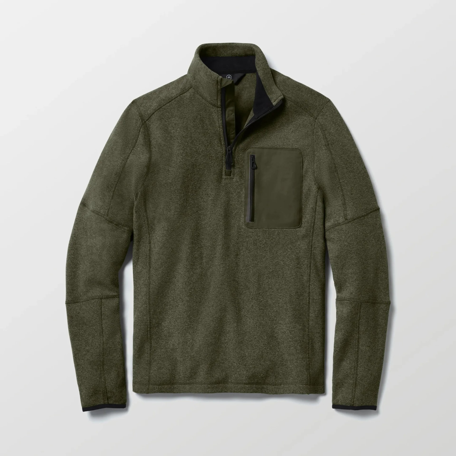 Olive green quarter-zip fleece pullover with a high collar and a zippered chest pocket on the left side. The pullover has long sleeves and a simple, clean design.