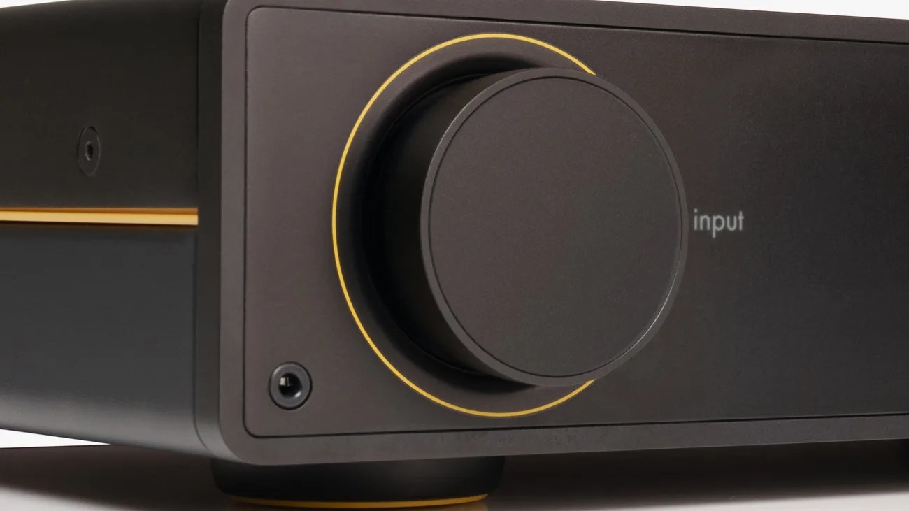 Close-up of a black audio device with a large circular knob outlined by a thin yellow ring, labeled "input." The device has a matte finish with a small screw visible near the bottom left corner.