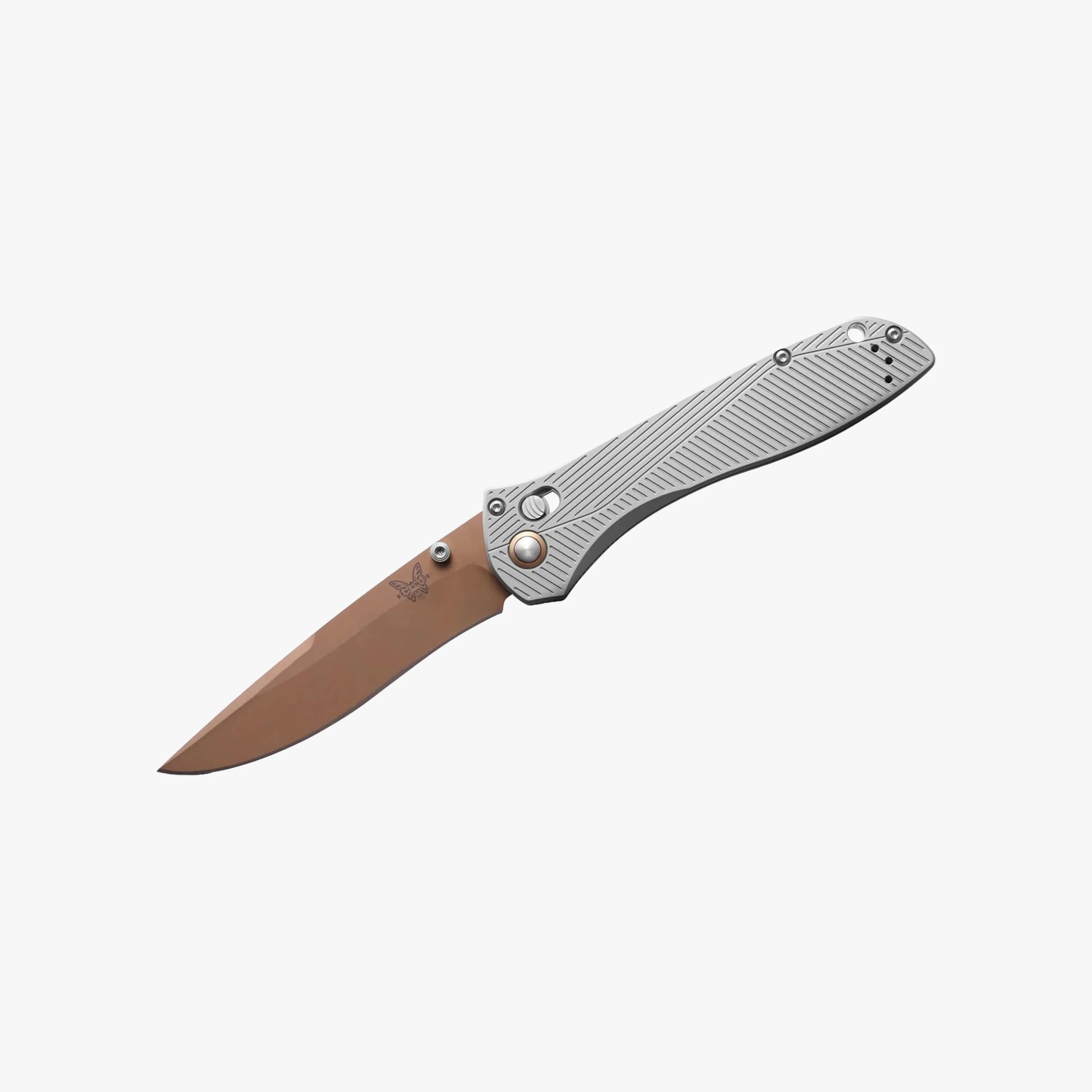 Folding knife with a sleek, silver handle featuring diagonal grooves for grip and a bronze-colored blade with a butterfly logo near the base. The knife has a thumb stud for easy opening and a hole near the handle's end, likely for attaching a lanyard.