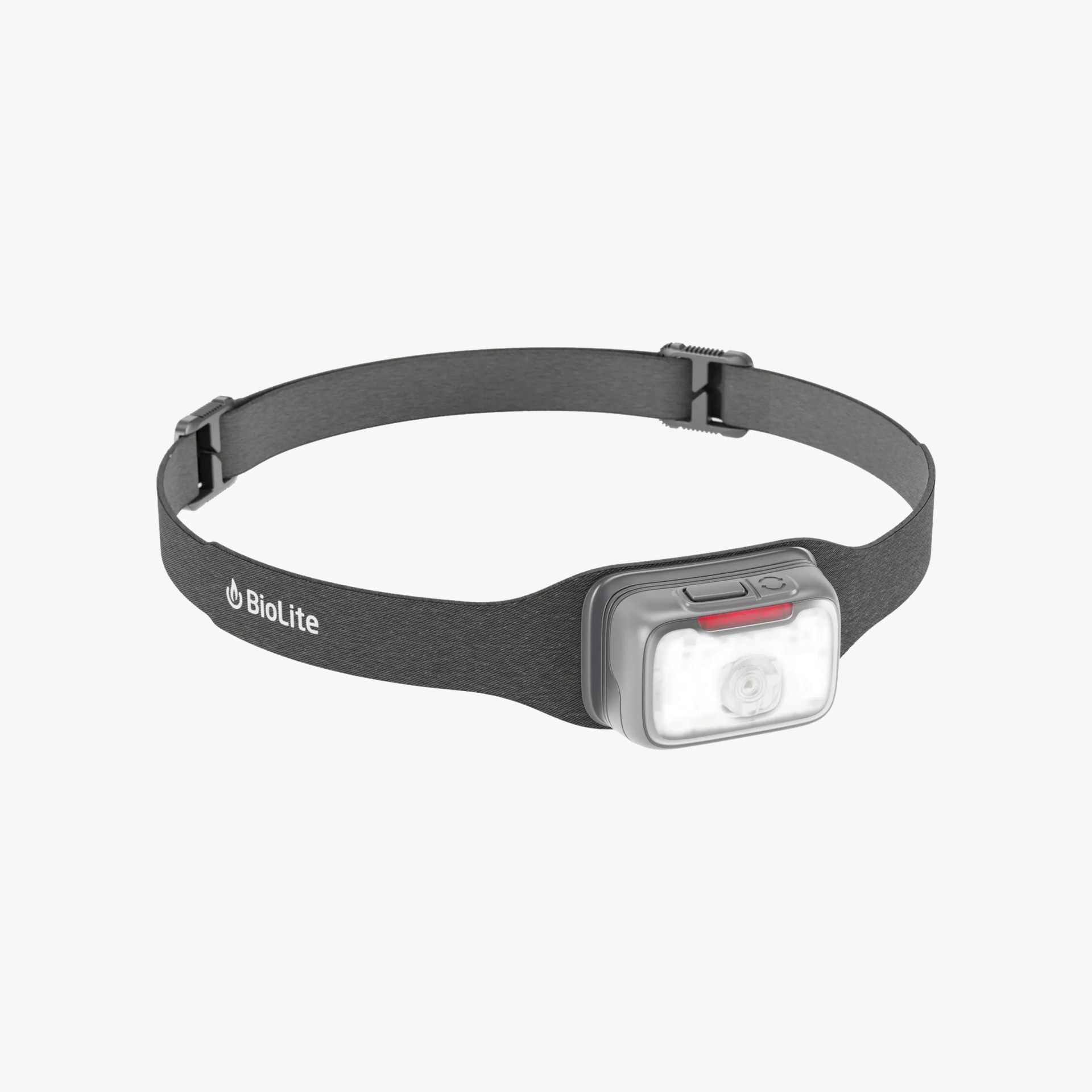Gray BioLite headlamp with an adjustable black strap featuring the BioLite logo in white, a rectangular light housing with a clear front lens, a red indicator light, and two buttons on top.
