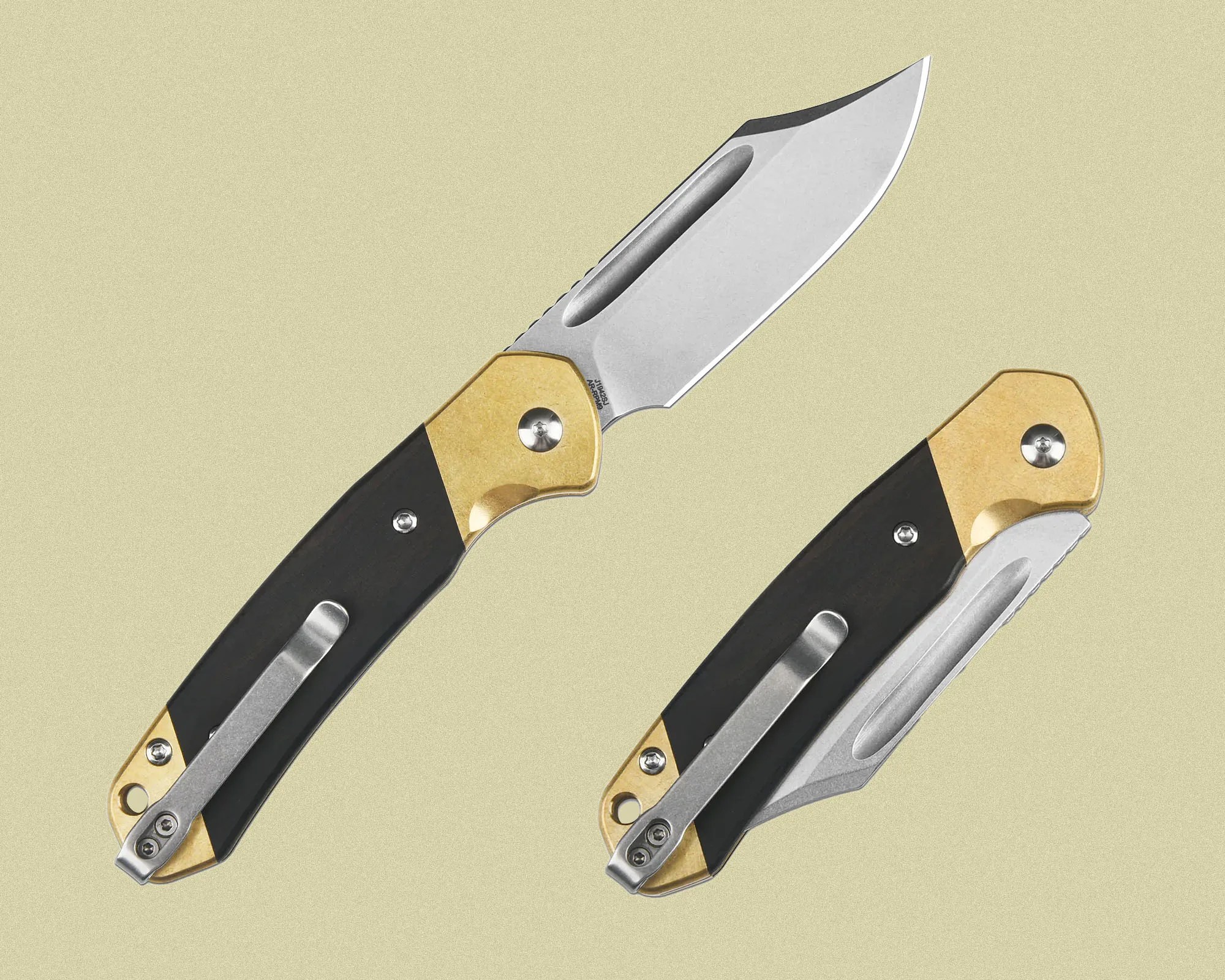 Two folding knives with black handles and brass bolsters are shown, one open and one closed. Both knives feature a silver pocket clip and a partially serrated blade with a thumb hole for easy opening. The open knife displays a sharp, wide blade with a slight curve near the tip. The closed knife shows the blade folded into the handle.