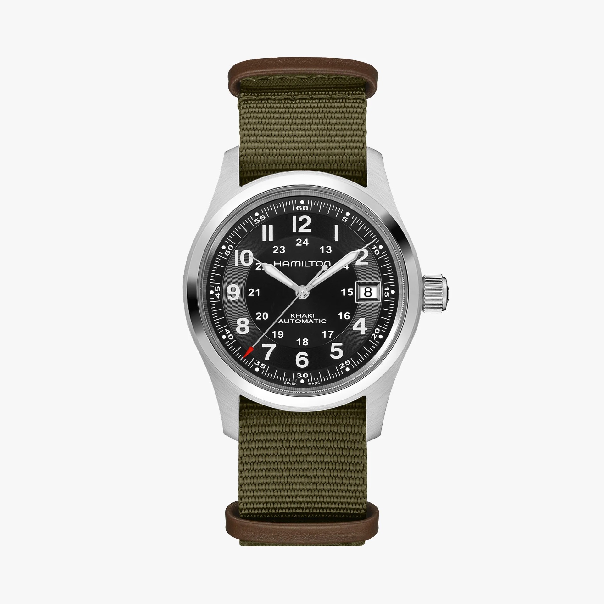 Hamilton Khaki Field Automatic watch with a black dial, white numerals, and a date display at 3 o'clock. The watch has a stainless steel case and an olive green fabric strap with brown leather accents. The second hand has a red tip.