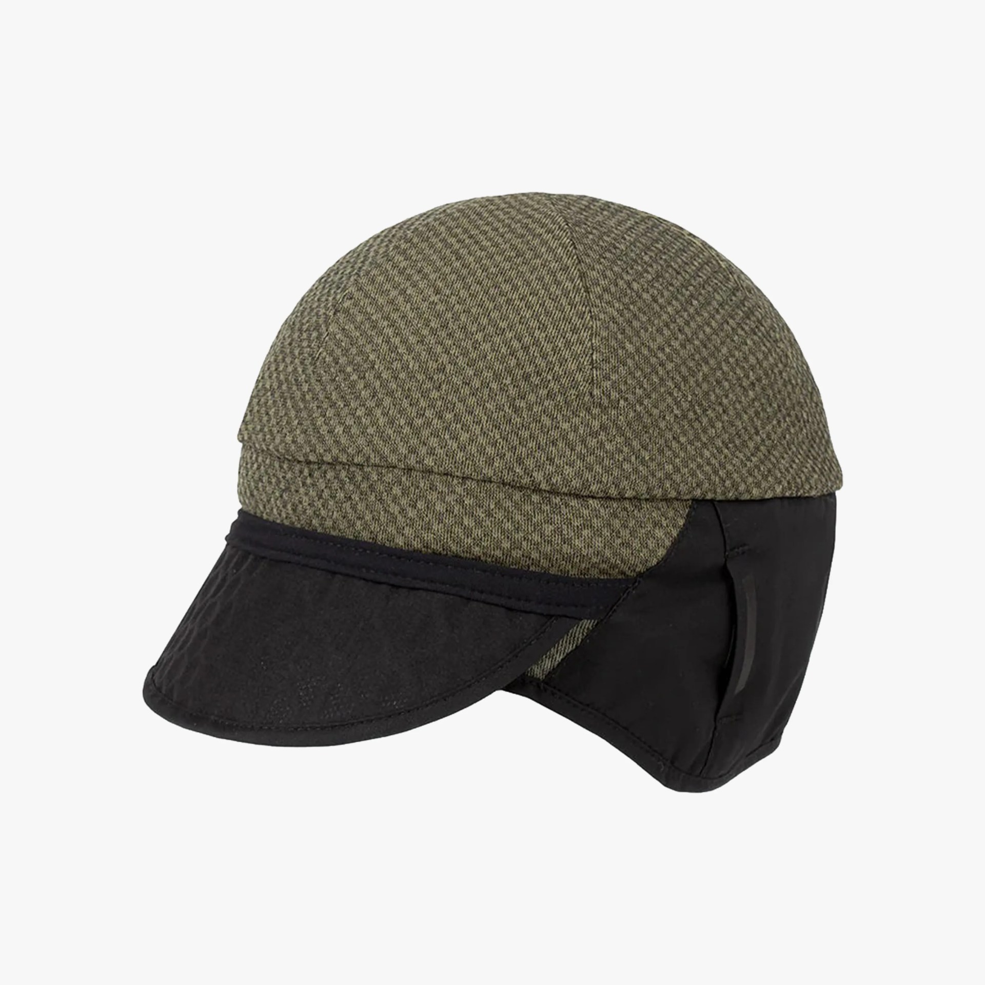 A winter cap featuring a textured olive green fabric on the top and sides, combined with a black fabric visor and ear flaps. The ear flaps appear to be insulated and designed for warmth.