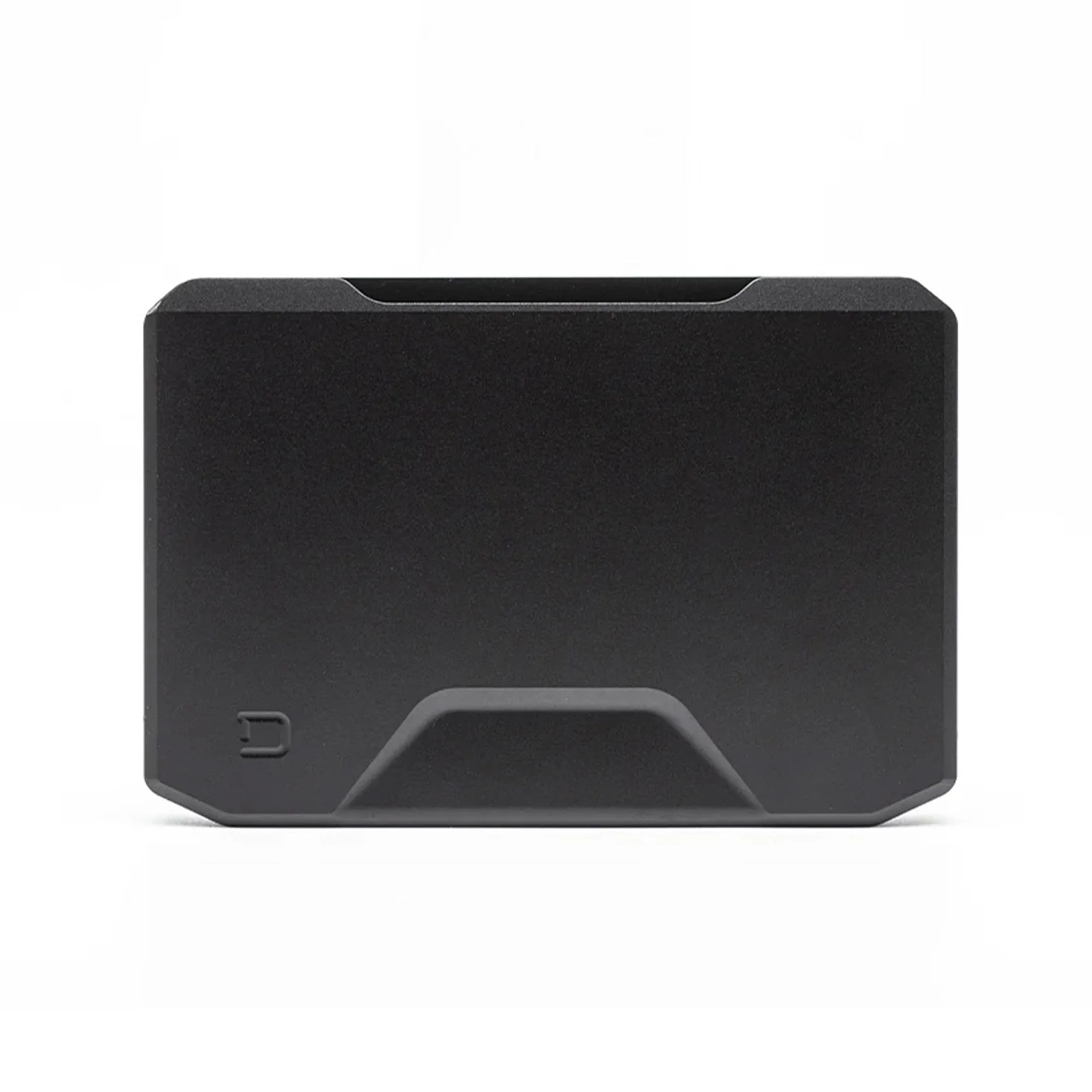 Compact black external hard drive enclosure with a matte finish, featuring a small embossed logo in the bottom left corner and angular edges.