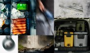 A collage of six images: top left shows a cooler filled with ice, canned drinks, hot dogs, and a jar labeled "wildbrine"; top center features a blurred hand holding a blue water bottle; top right displays a gray sneaker kicking up dust; bottom left is a blurred close-up of a black object; bottom center captures two hikers standing near a large waterfall; bottom right shows the open trunk of a vehicle packed with outdoor gear including boots, a yellow cooler, a gray cooler, and a green container.
