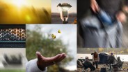 Collage of outdoor and camping scenes featuring a close-up of a hand tossing yellow wireless earbuds, a portable camping heater with glowing flames, a modern camping lantern, a group of people sitting and standing near a tent by a lake, and blurred images of camping gear and activities.