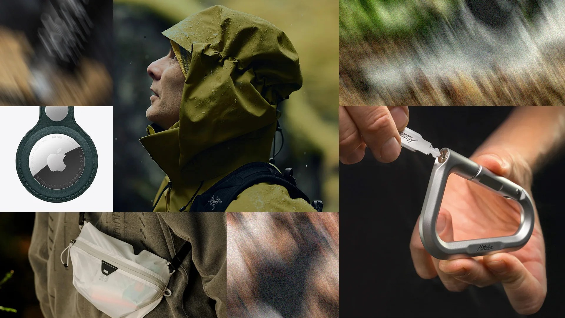 A person wearing a green rain jacket with a hood, looking upward in a rainy outdoor setting. The jacket has water droplets on it, indicating wet weather. The person is also carrying a black backpack.