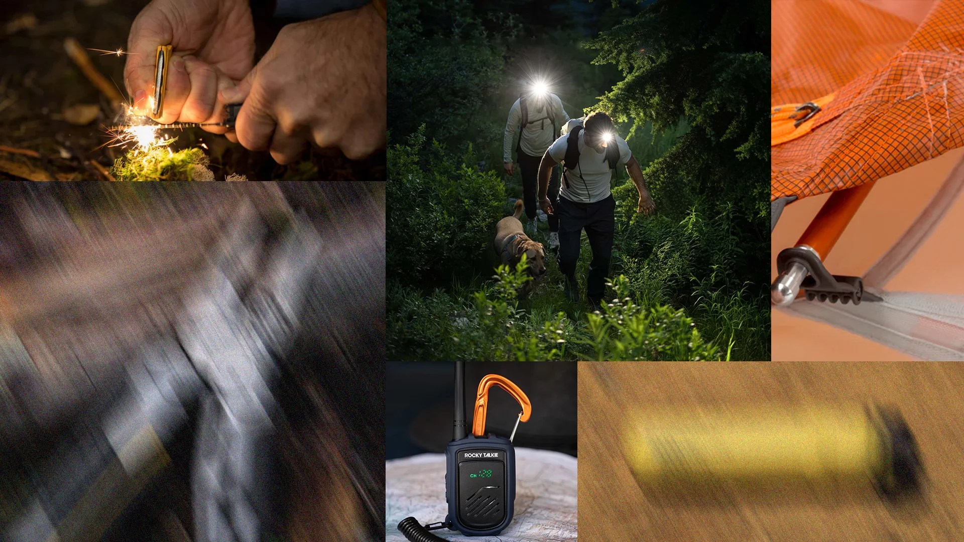 A collage of six images related to outdoor activities and camping: a close-up of hands striking a fire starter to create sparks, two hikers with headlamps walking through a forest accompanied by a dog, a close-up of an orange tent corner with a pole and zipper, a blurred image of a firearm, a walkie-talkie with an orange carabiner clip on a map, and a blurred image of a yellow flashlight on a wooden surface.