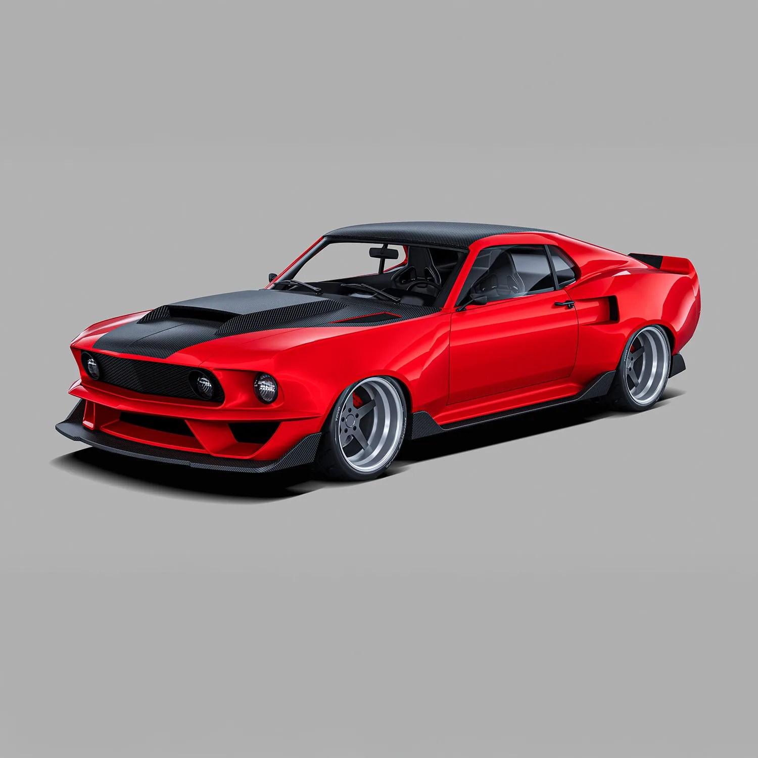 Red classic muscle car with a wide body kit, carbon fiber hood and roof, deep-dish silver wheels, and a low stance against a plain gray background.