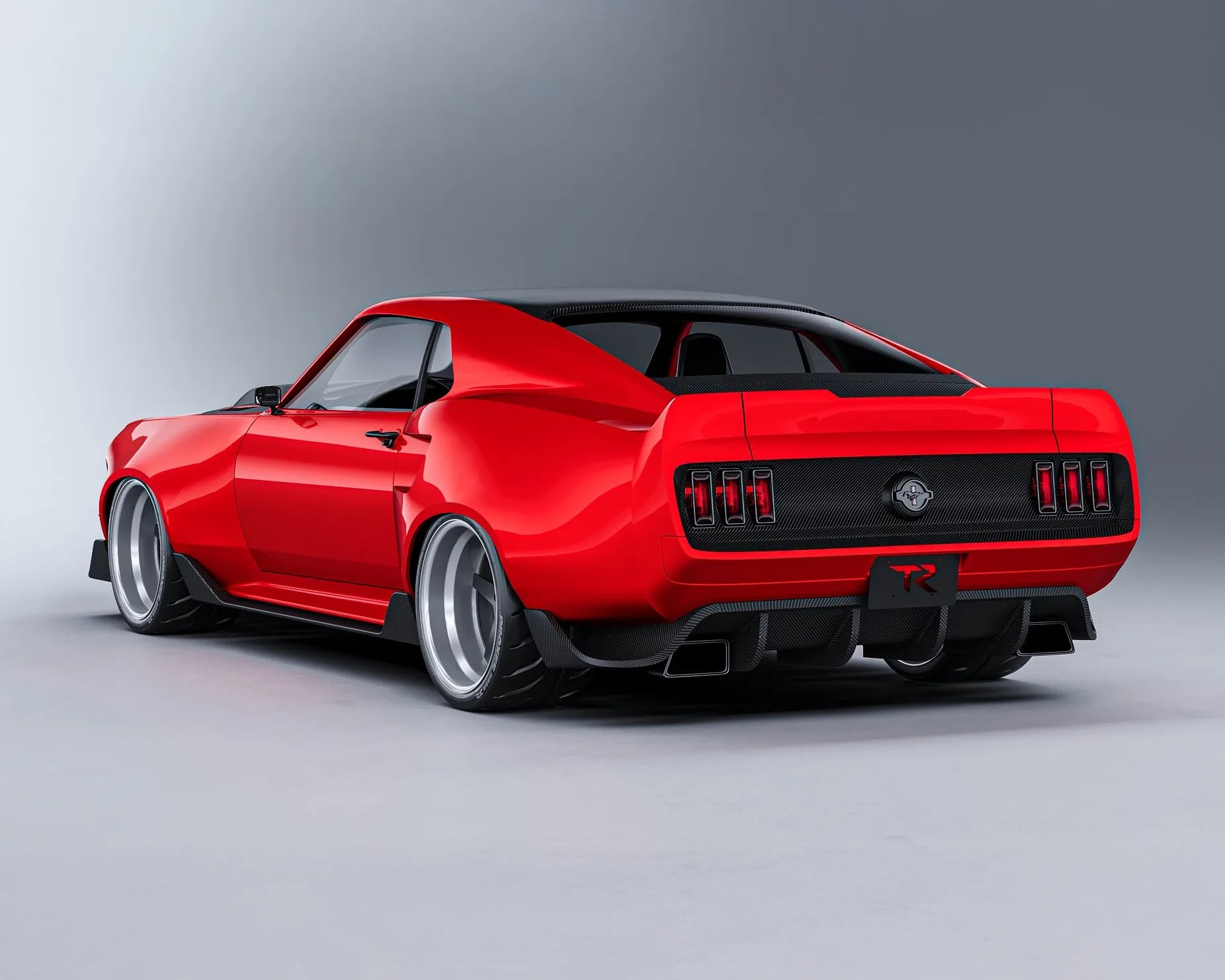 Red classic muscle car with wide body modifications, large rear tires, and a black carbon fiber rear panel and diffuser, shown from a rear three-quarter angle against a neutral gray background.