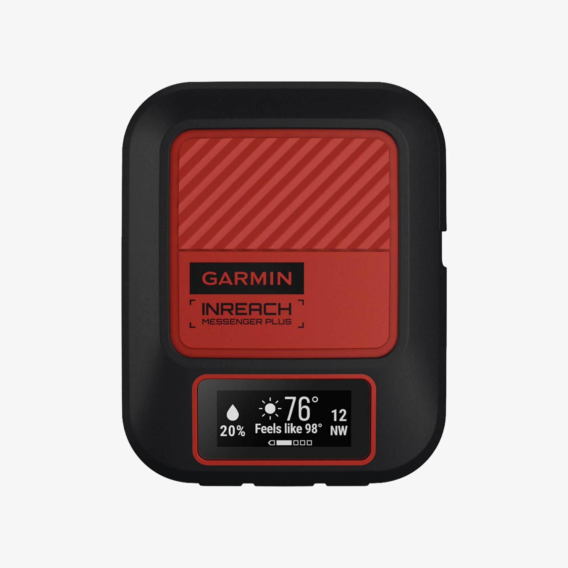 Garmin inReach Messenger Plus, a compact, rectangular device with rounded edges, featuring a black outer casing and a red front panel. The front panel displays the Garmin logo and the product name "inReach Messenger Plus." Below this, there is a small digital screen showing weather information, including temperature (76°F, feels like 98°F), humidity (20%), and wind direction (NW) with speed (12). The red panel has a diagonal striped texture on the upper half.