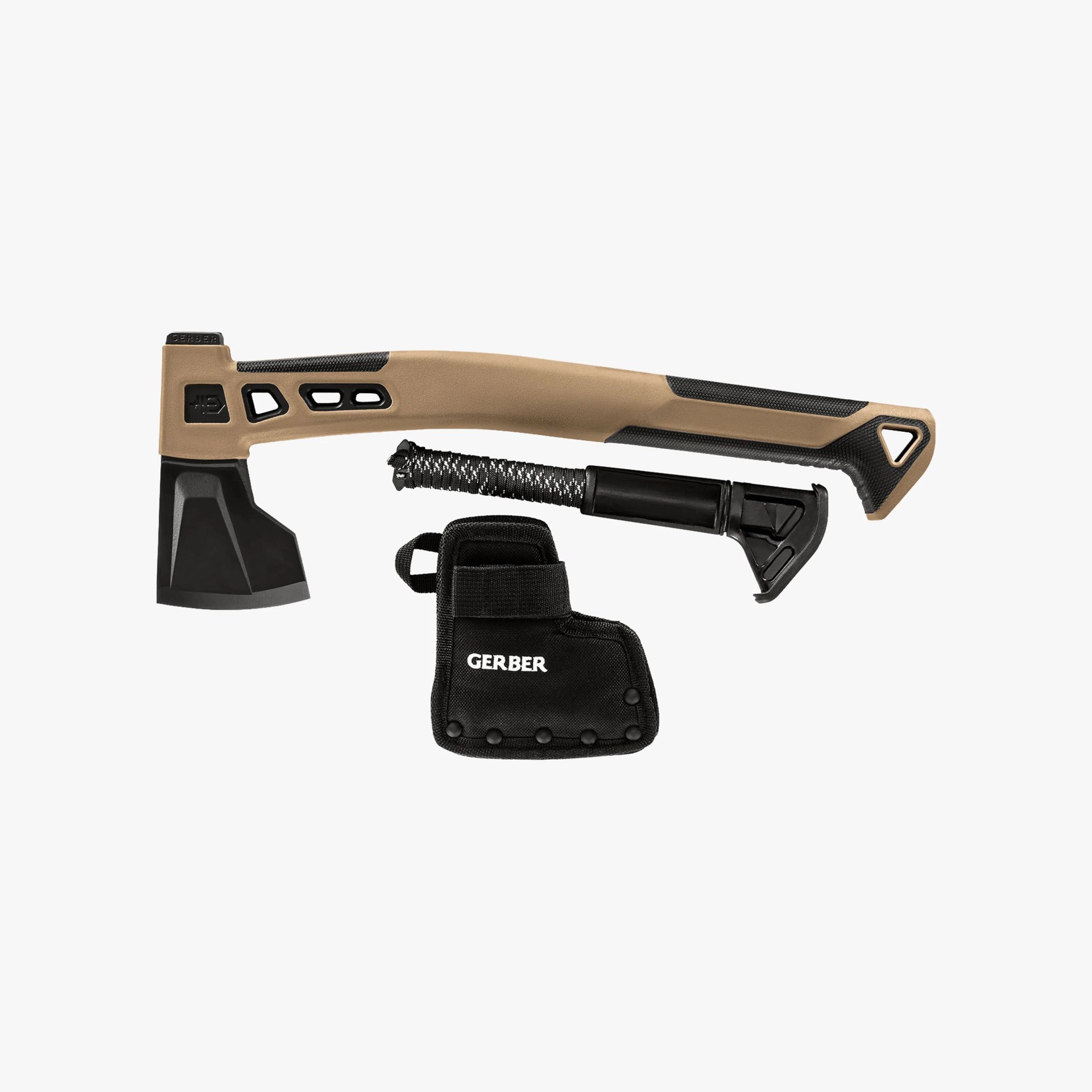 A Gerber axe with a tan and black handle, a black axe head, a black sheath with the Gerber logo in white, and a black fire starter rod with a paracord-wrapped handle.