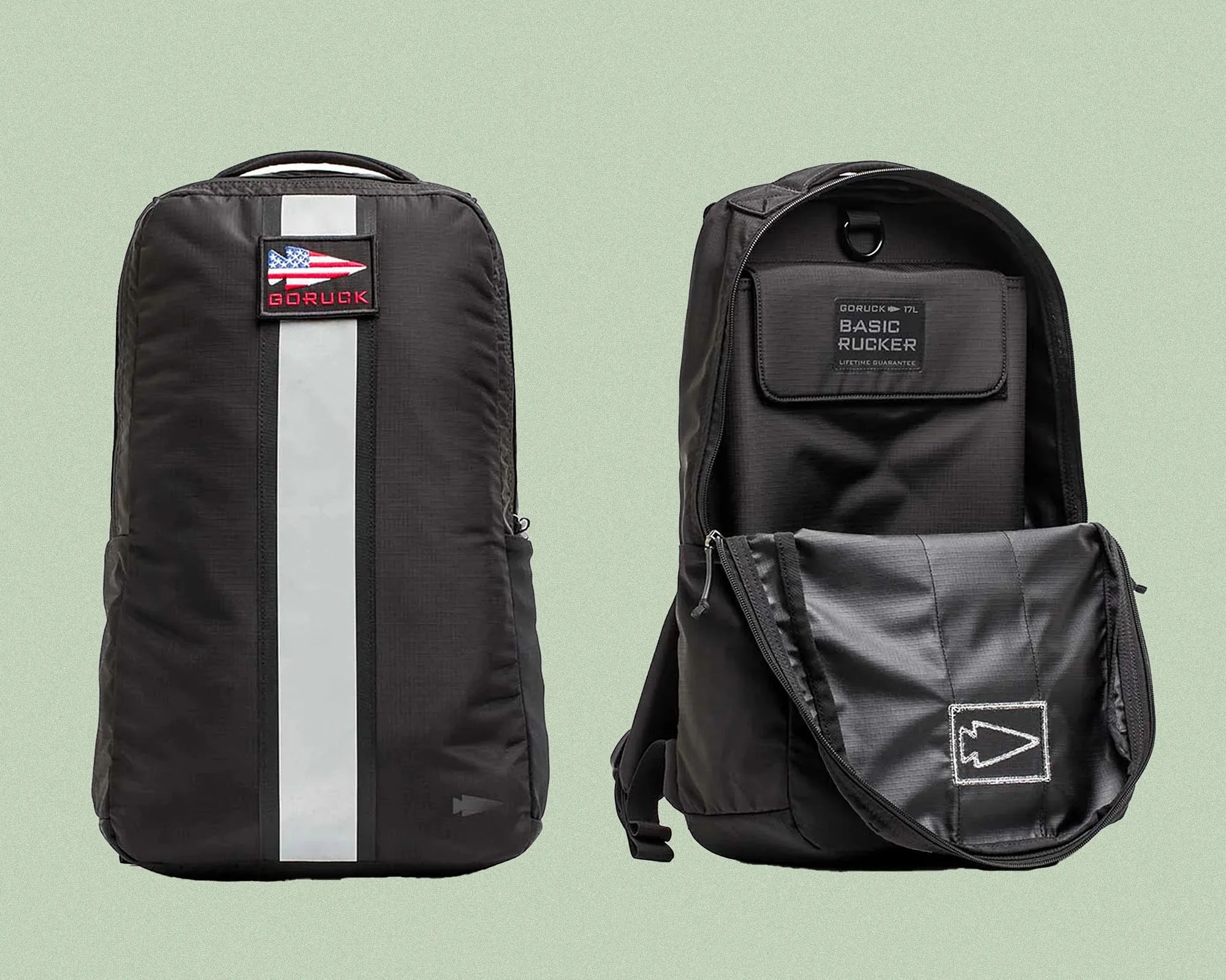 Two black backpacks are shown side by side against a light green background. The backpack on the left is closed, featuring a vertical reflective stripe down the center and a patch with an American flag design and the word "GORUCK" in red. The backpack on the right is open, revealing an inner compartment with a label that reads "GORUCK 17L BASIC RUCKER LIFETIME GUARANTEE" and a flap with a stitched arrowhead logo. Both backpacks have a sleek, minimalist design.