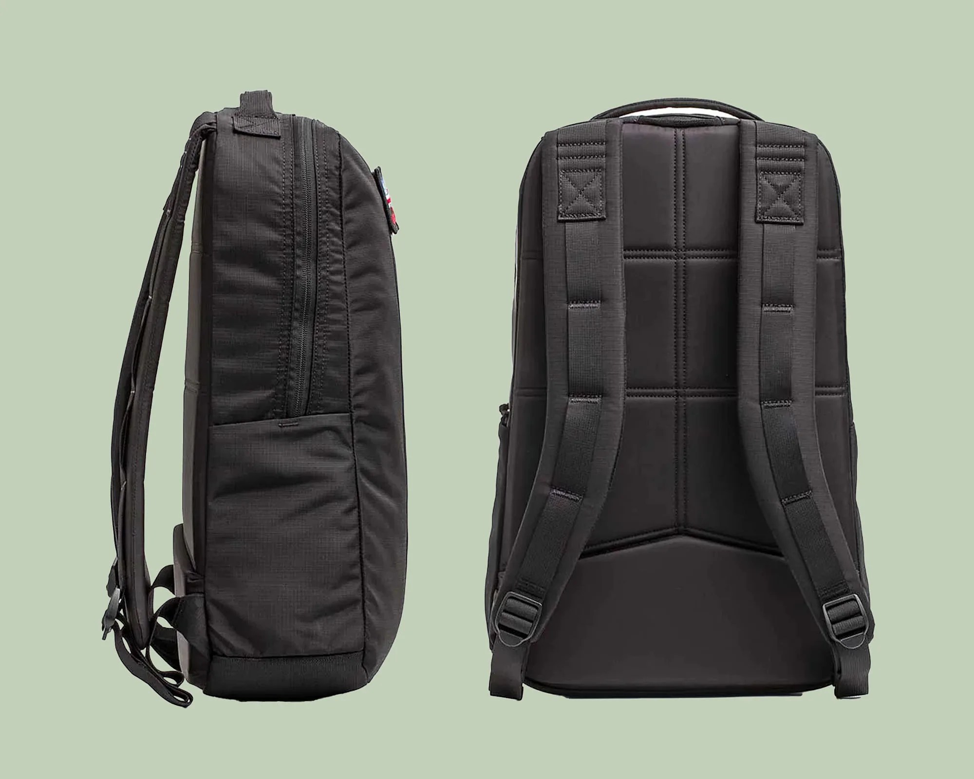 Two views of a black backpack are shown against a light green background. The left side displays the backpack's profile, highlighting a side pocket and a zipper running vertically. The right side shows the back of the backpack with padded shoulder straps and a top handle. The back panel features stitched padding for comfort.