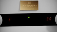 Goldmund Telos 670 integrated amplifier with a gold nameplate and a black digital display showing the numbers "3" and "00" in red, and a green indicator light in the center.