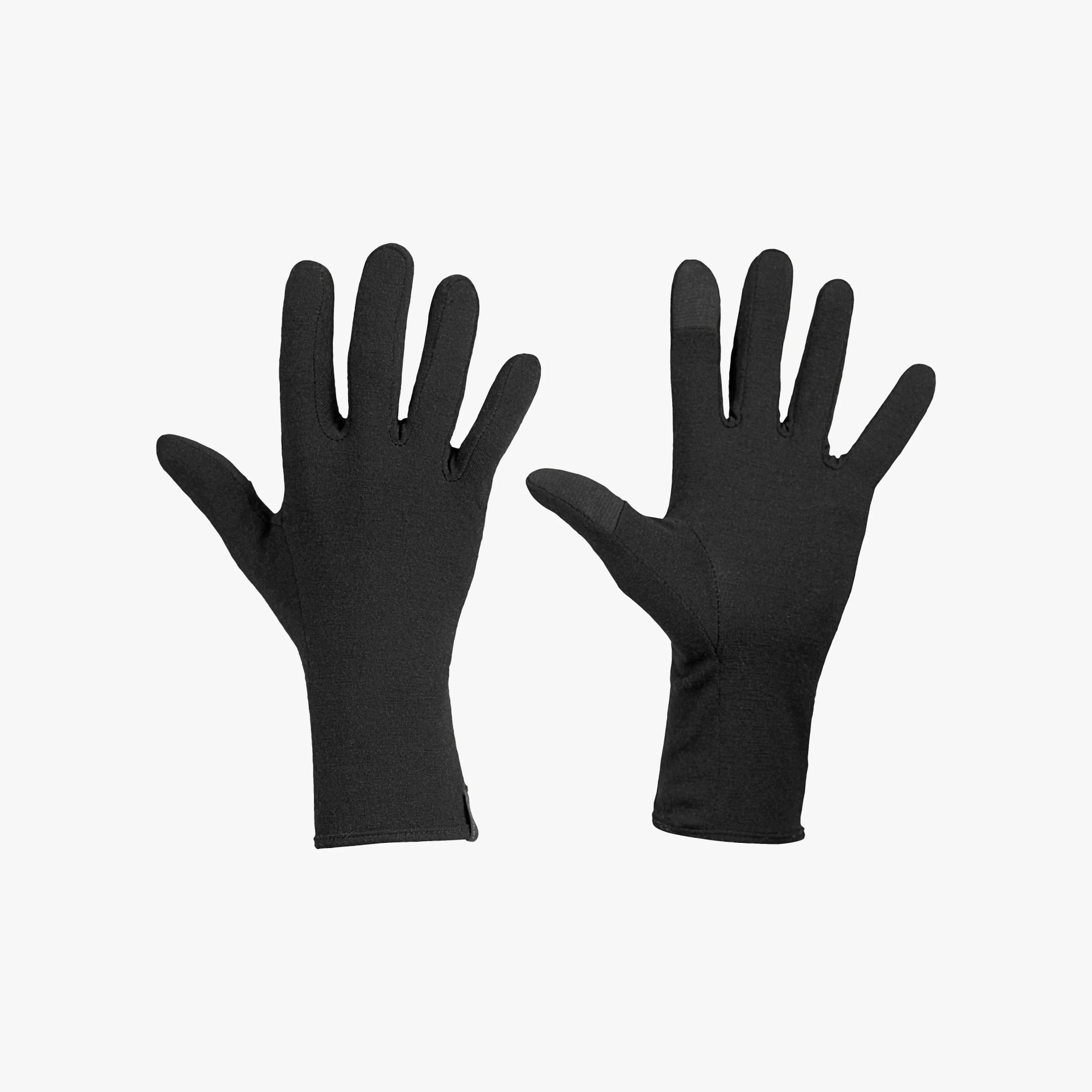 A pair of black gloves made from a smooth, stretchy fabric. The gloves have a simple, sleek design with individual fingers and a slightly extended cuff. The left glove is shown with the palm facing down, and the right glove with the palm facing up.
