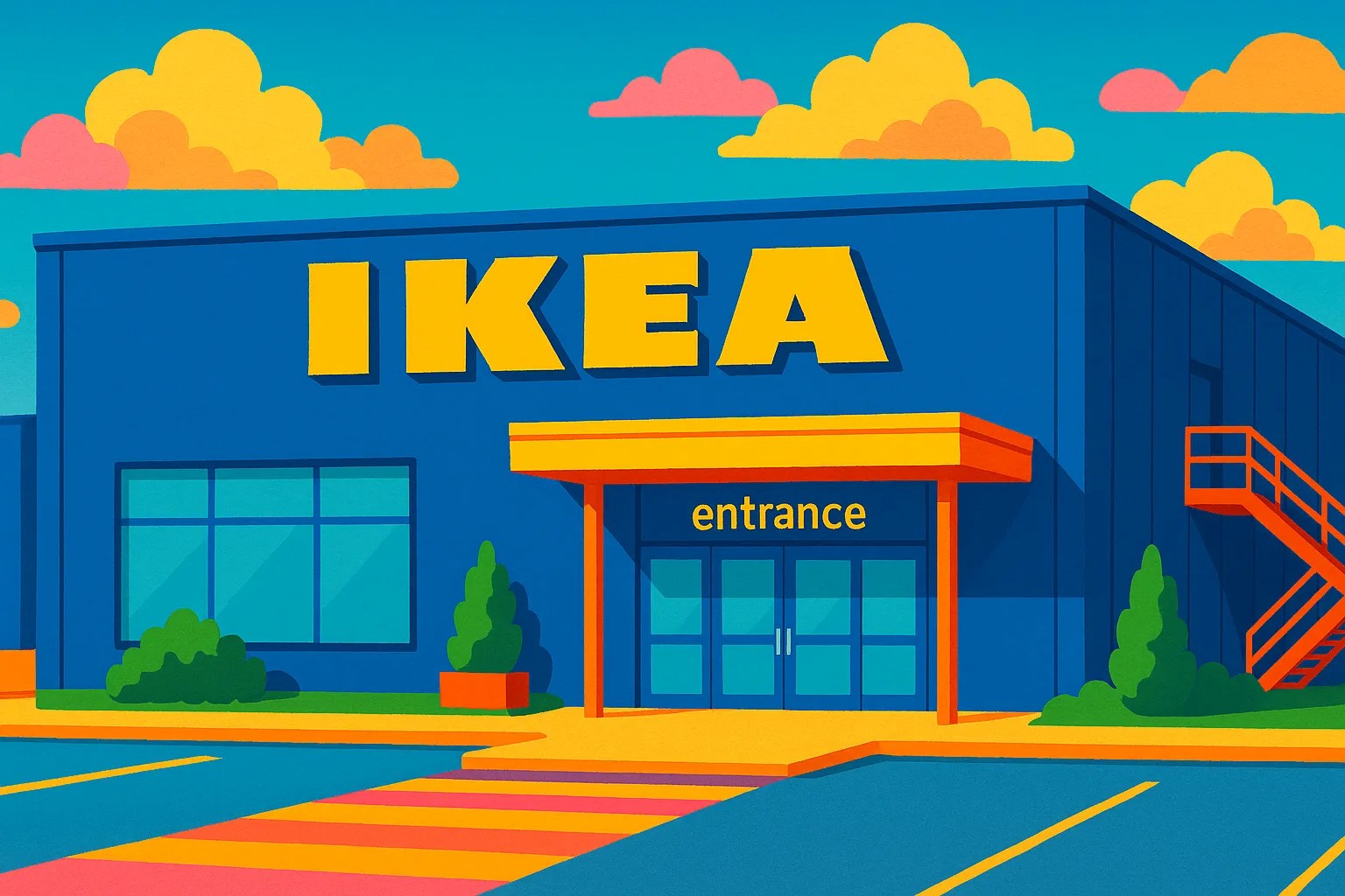 A colorful illustration of an IKEA store with a blue building and large yellow "IKEA" letters on the front. The entrance is marked with a yellow and orange awning and glass double doors. There are green bushes and plants around the building, a striped crosswalk in front, and a bright blue sky with stylized yellow and pink clouds.