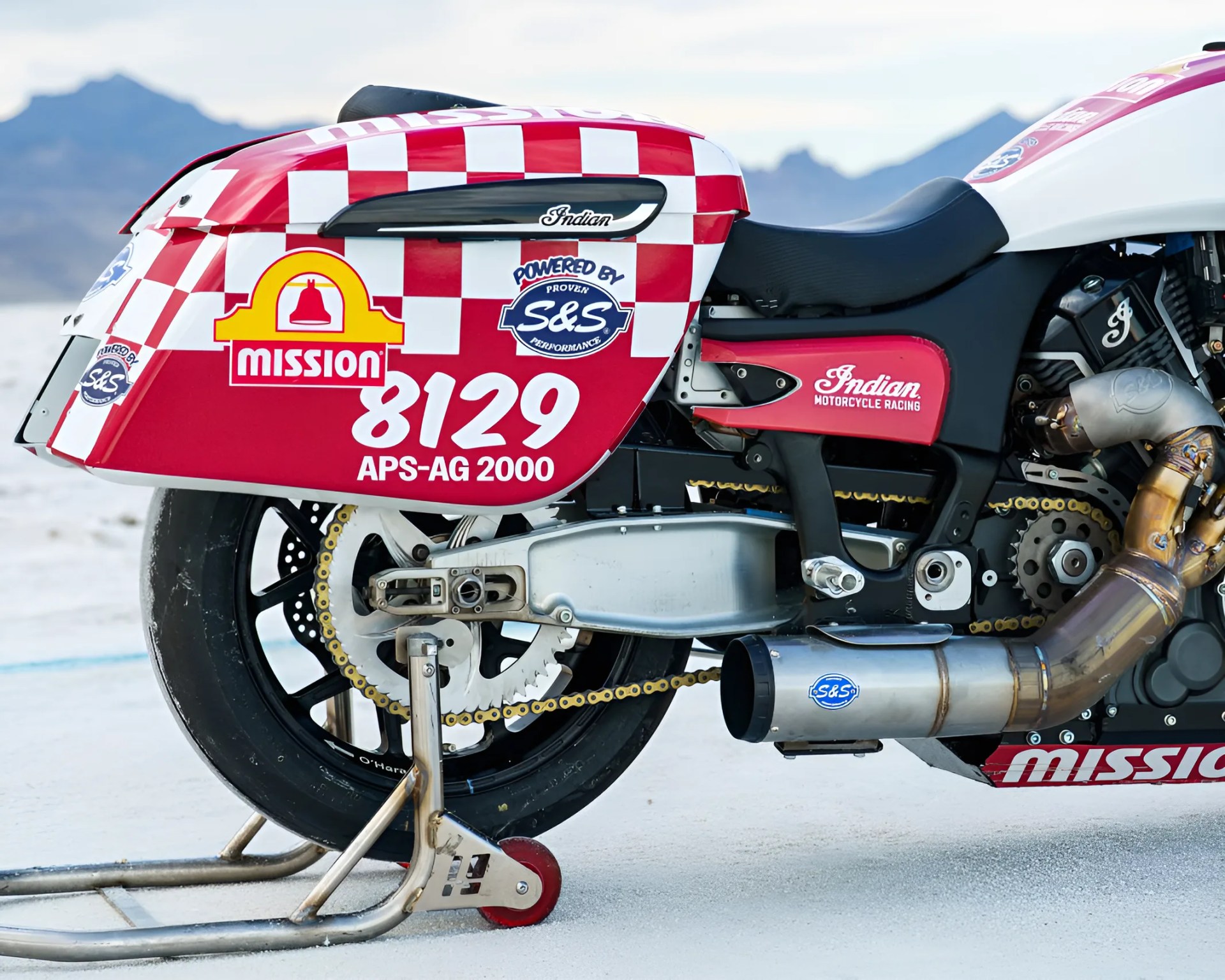 Close-up of the rear section of a red and white Indian racing motorcycle with checkered pattern, gold chain, and S&S exhaust.