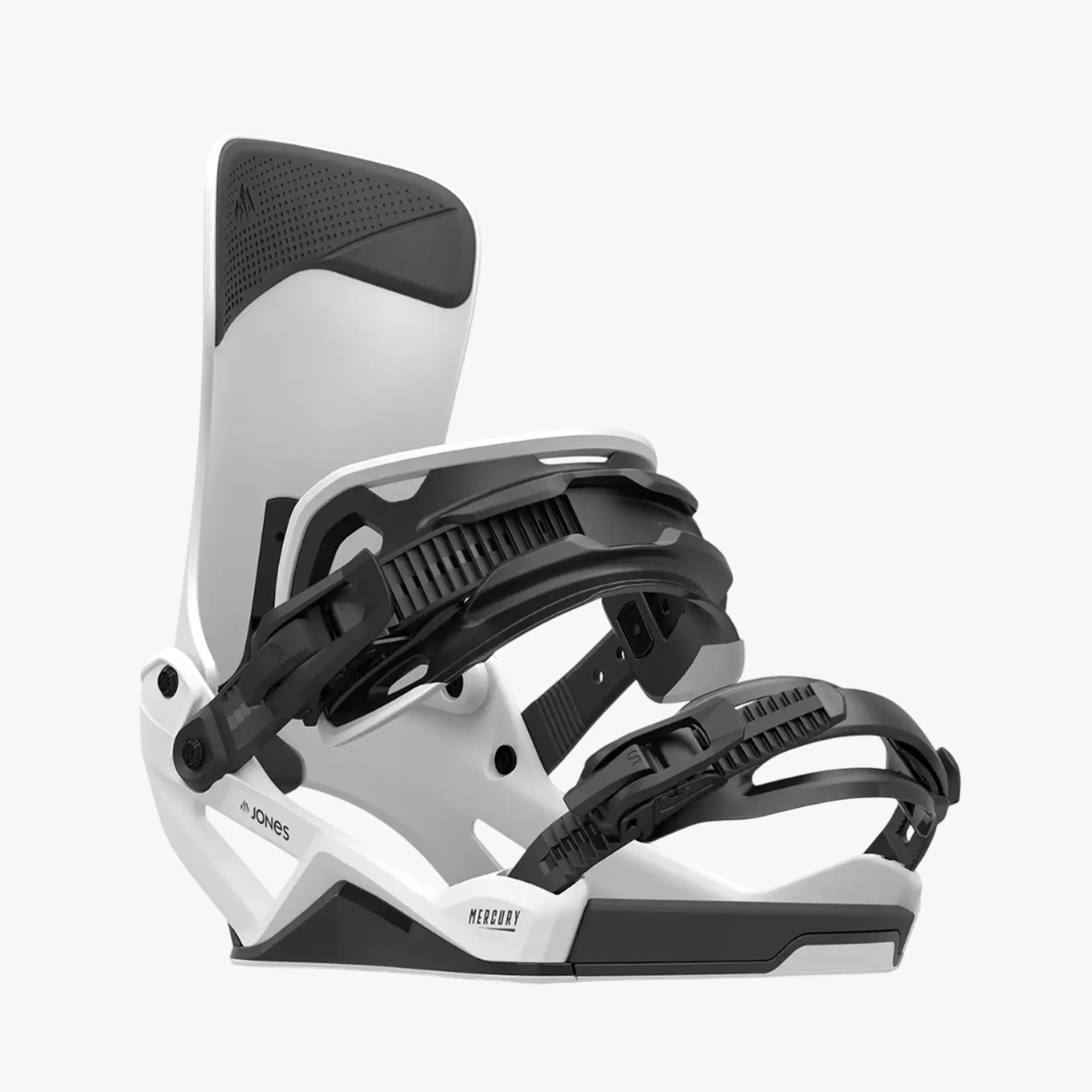 White and black snowboard binding with high back support, adjustable straps, and ratchet buckles. The baseplate is white with black accents, featuring the brand name "Jones" and the model name "Mercury" on the side.