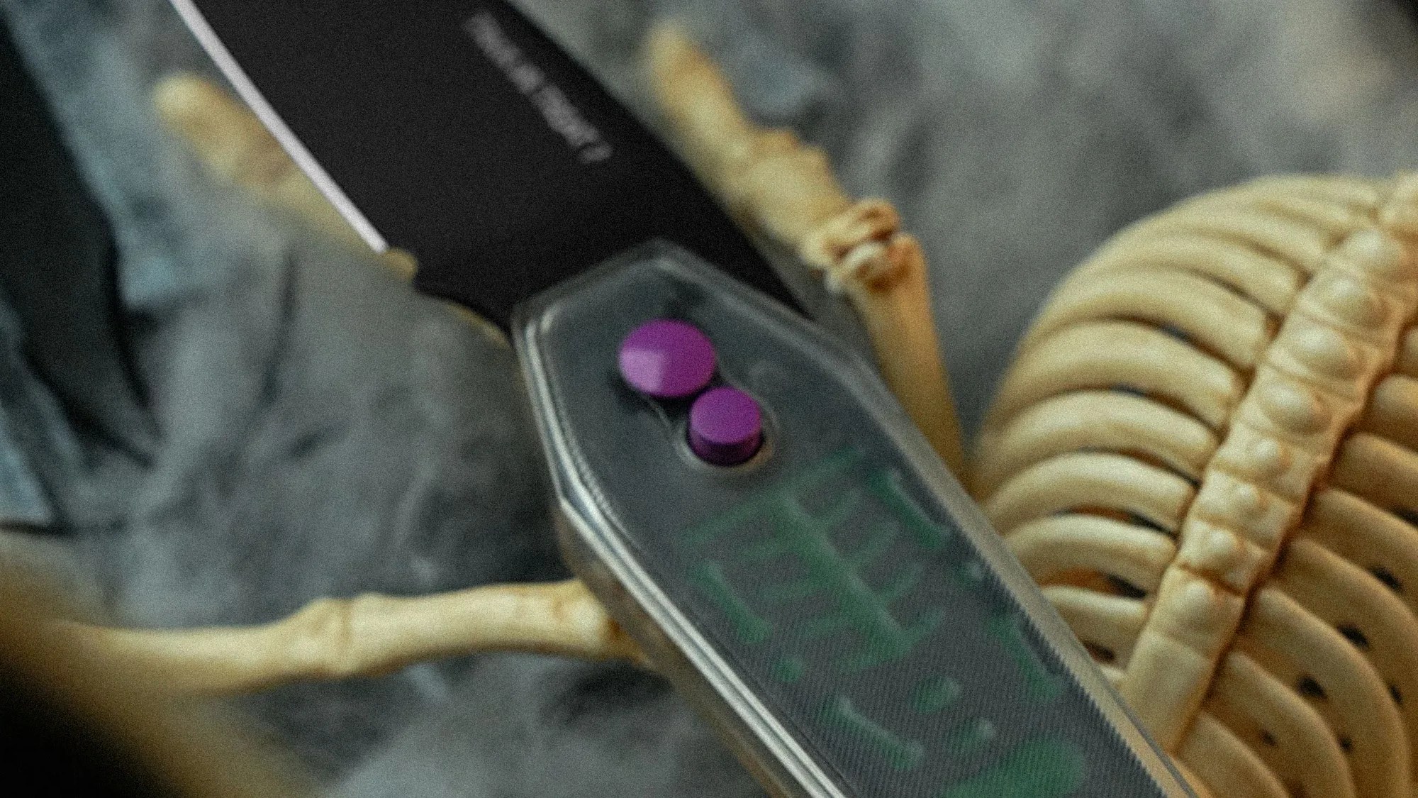 Close-up of a folding knife with a black blade and a handle featuring two purple circular buttons, resting on a skeletal ribcage. The background is blurred and grayish.