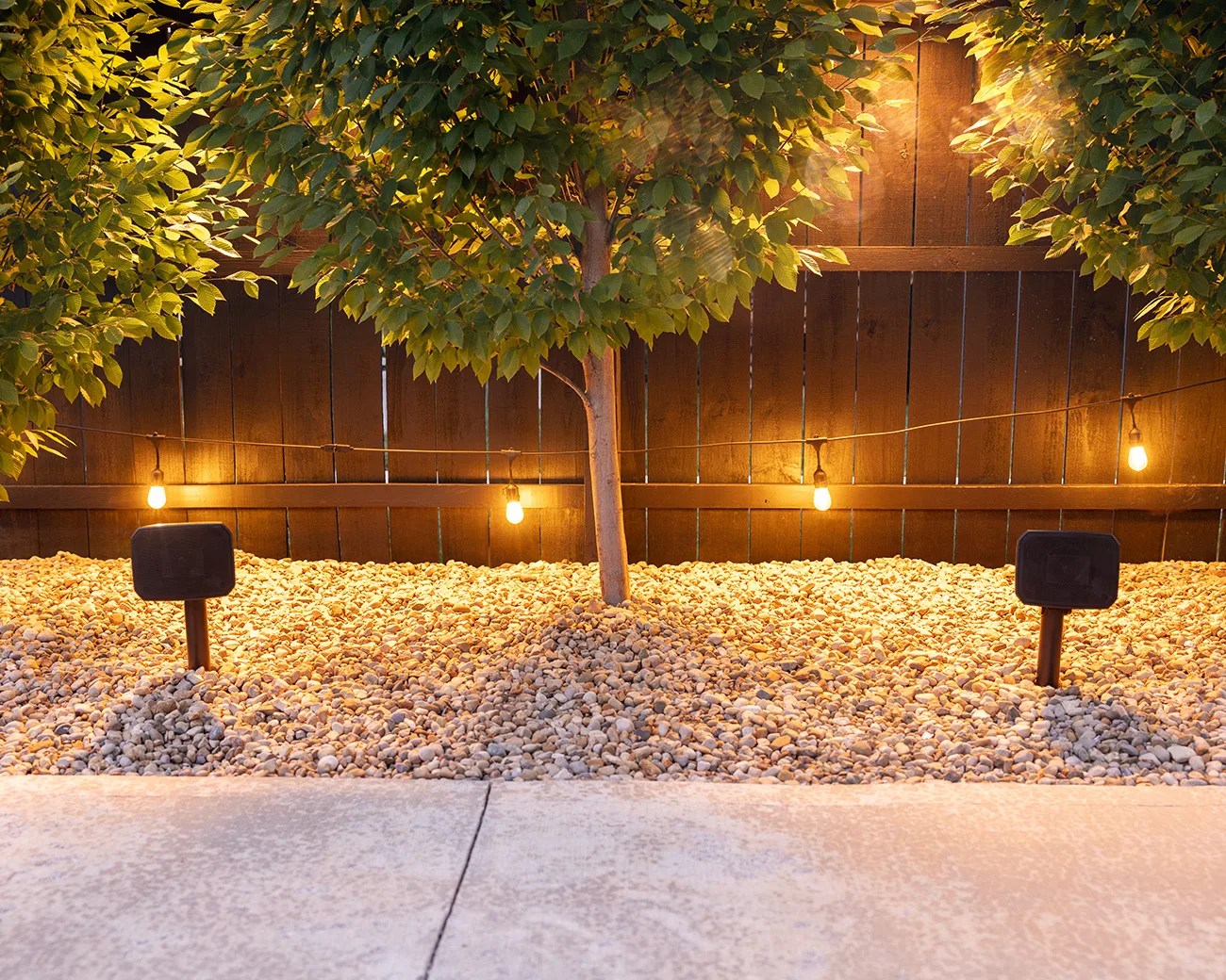 A small tree with green leaves planted in a bed of light-colored gravel, illuminated by warm string lights hanging on a wooden fence behind it. Two black outdoor spotlights are positioned in the gravel on either side of the tree, casting light upwards. The foreground shows a concrete surface.
