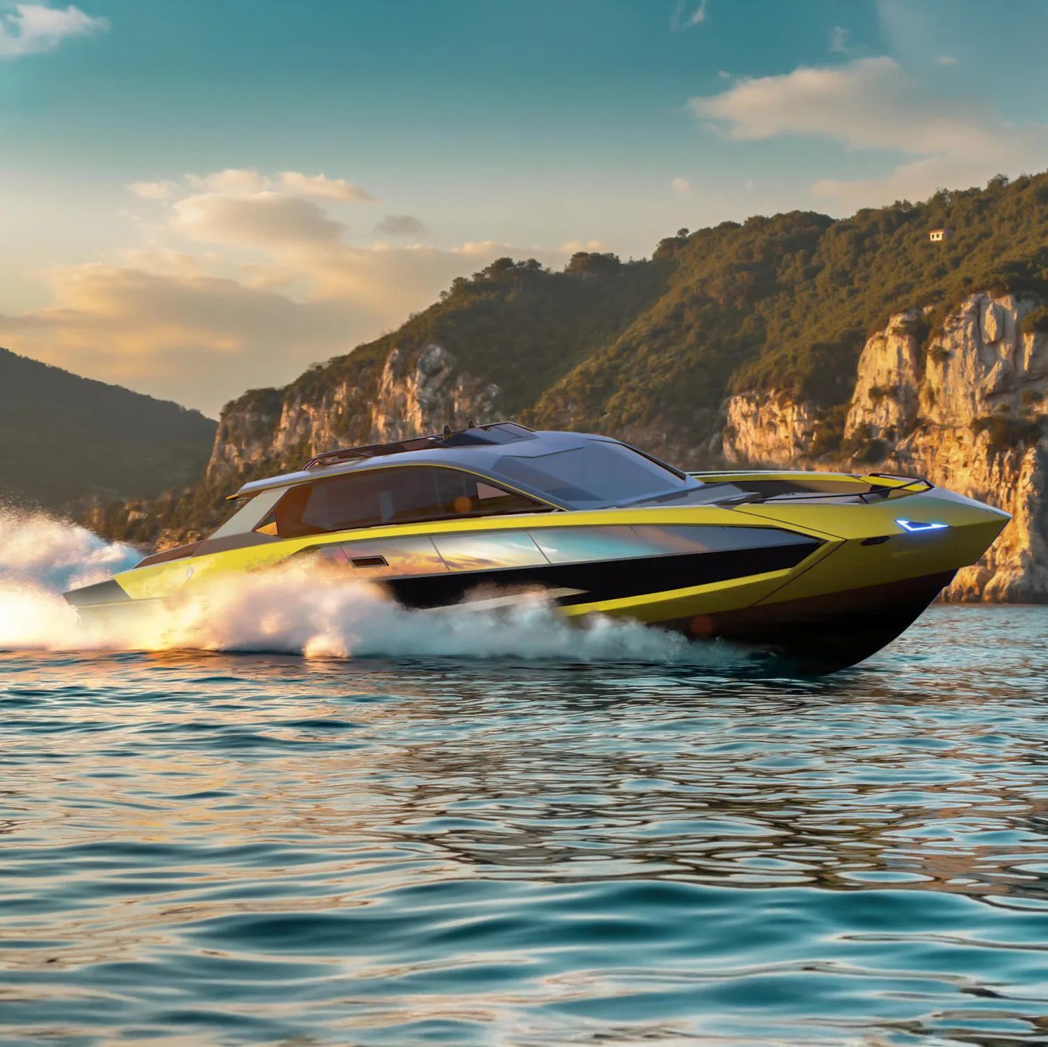 A sleek, modern yellow and black speedboat with sharp, angular design and blue LED headlights is cutting through the water, creating white splashes. The boat is set against a backdrop of rocky, tree-covered hills under a partly cloudy sky during sunset.