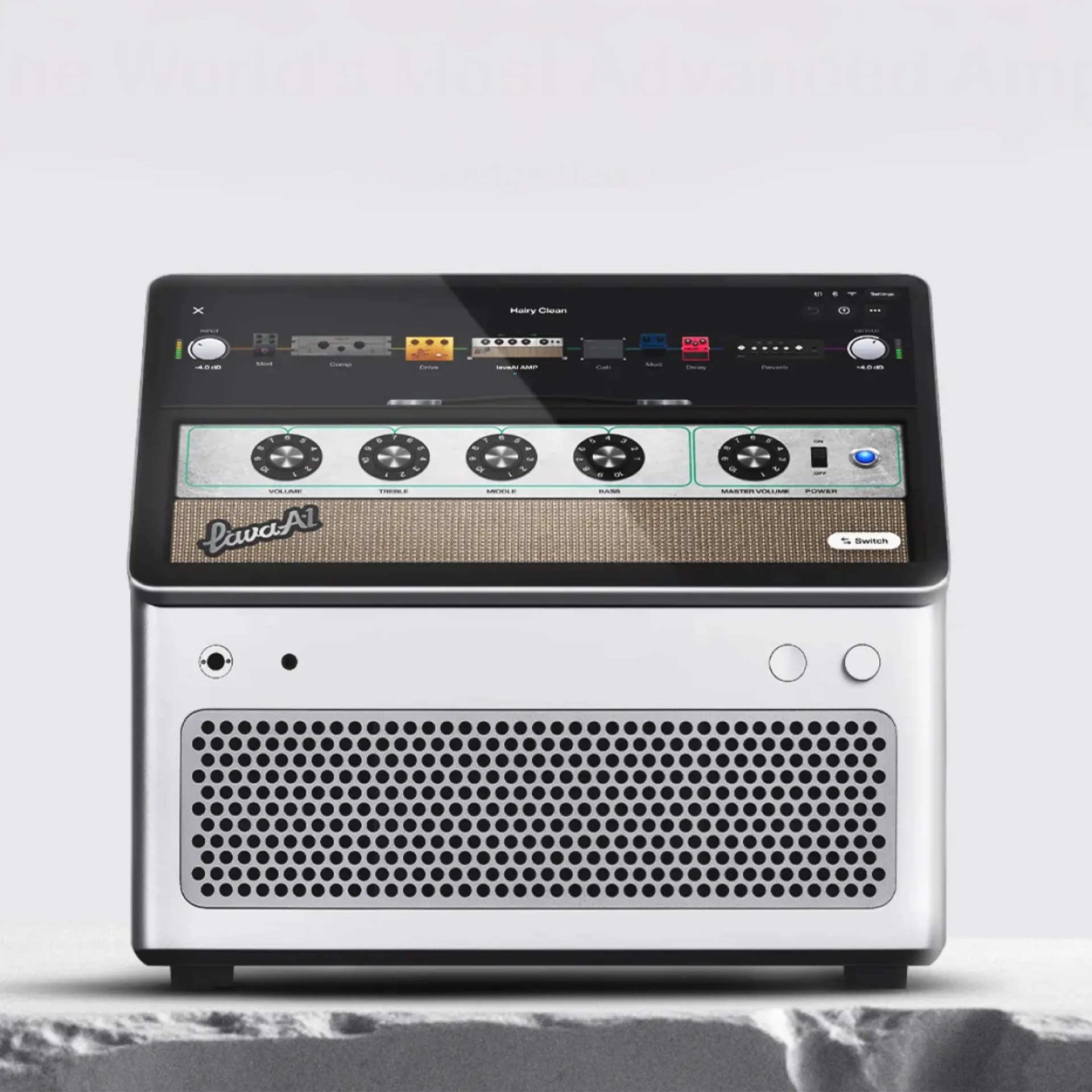 Compact silver guitar amplifier with a touchscreen interface displaying virtual control knobs for volume, treble, middle, bass, master volume, and power, along with a digital effects chain including mix, comp, drive, amp, cab, mod, delay, and reverb. The front panel features a speaker grille, input jack, and two control buttons.