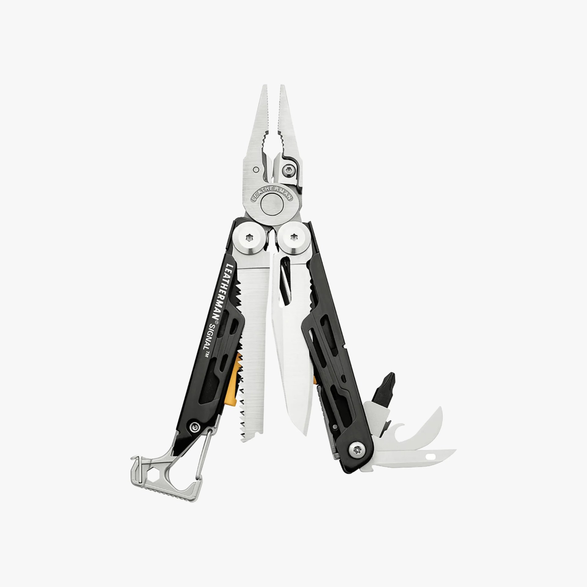 Leatherman Signal multi-tool with black handles, featuring needle-nose pliers, a serrated saw blade, a straight knife blade, a bottle opener, a can opener, and a screwdriver bit.