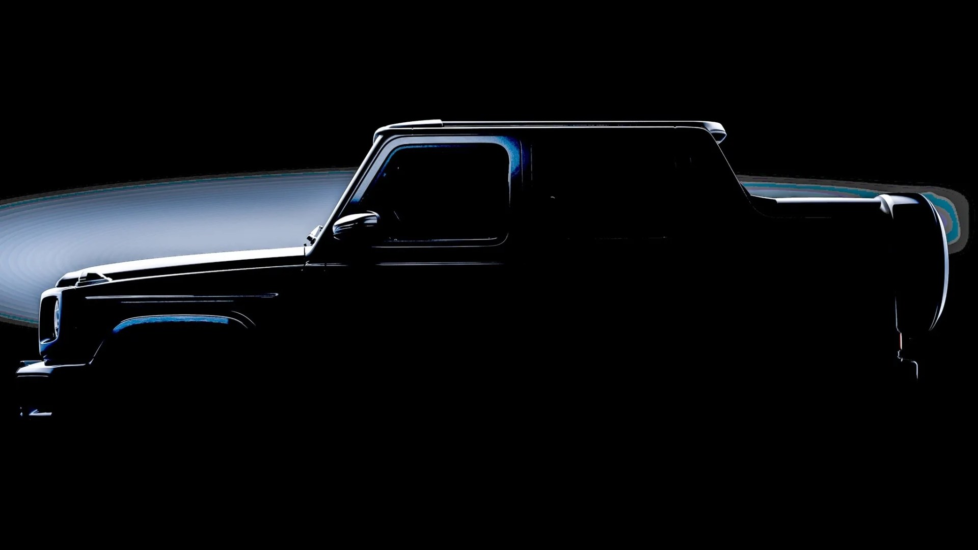 Silhouetted side view of a boxy SUV with a spare tire mounted on the rear, highlighted by subtle blue lighting against a dark background.