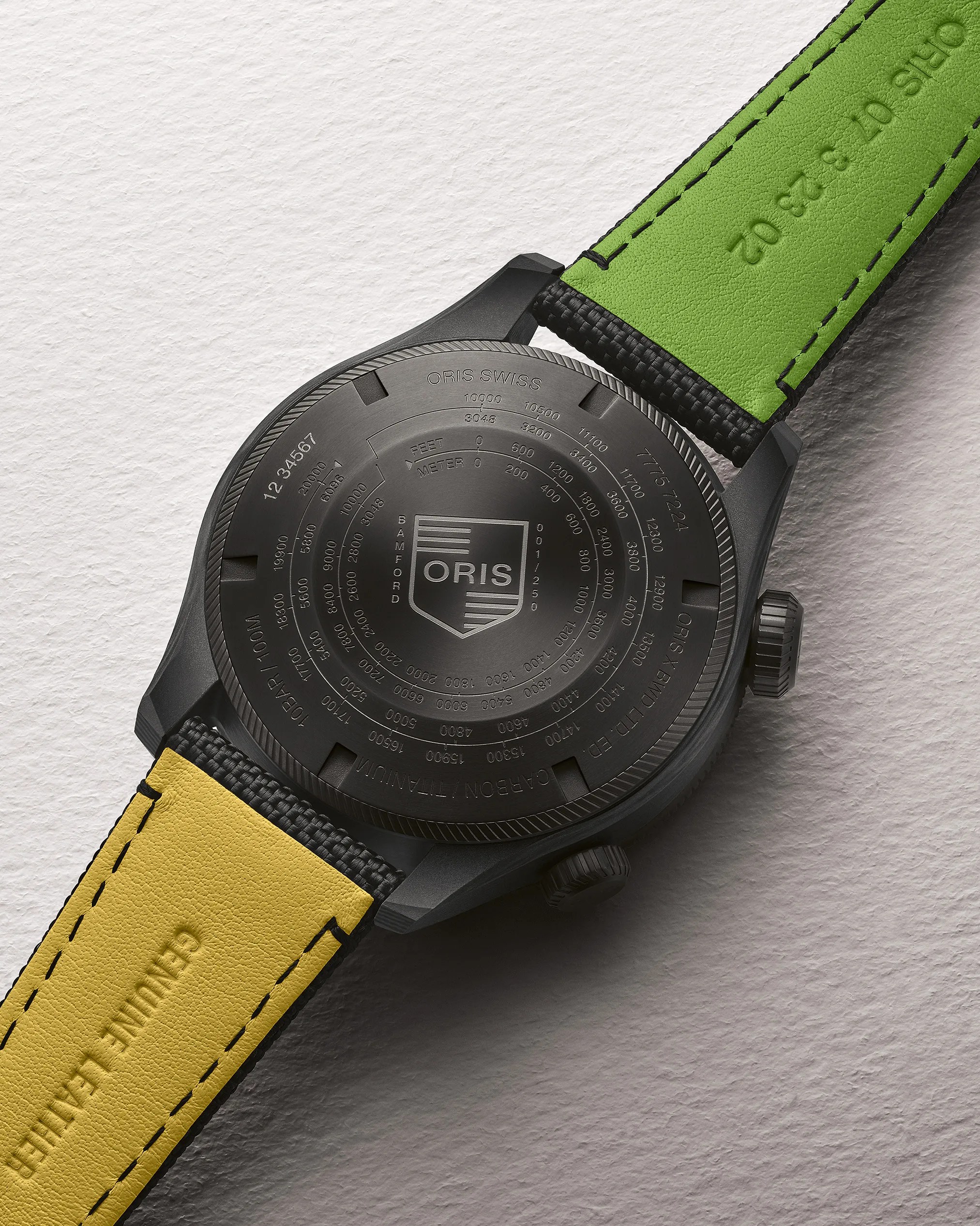 Black Oris watch case back with engraved measurements and text, featuring a green leather strap on the top side and a yellow leather strap on the bottom side, both with black stitching. The watch case back includes the Oris logo and various technical details.