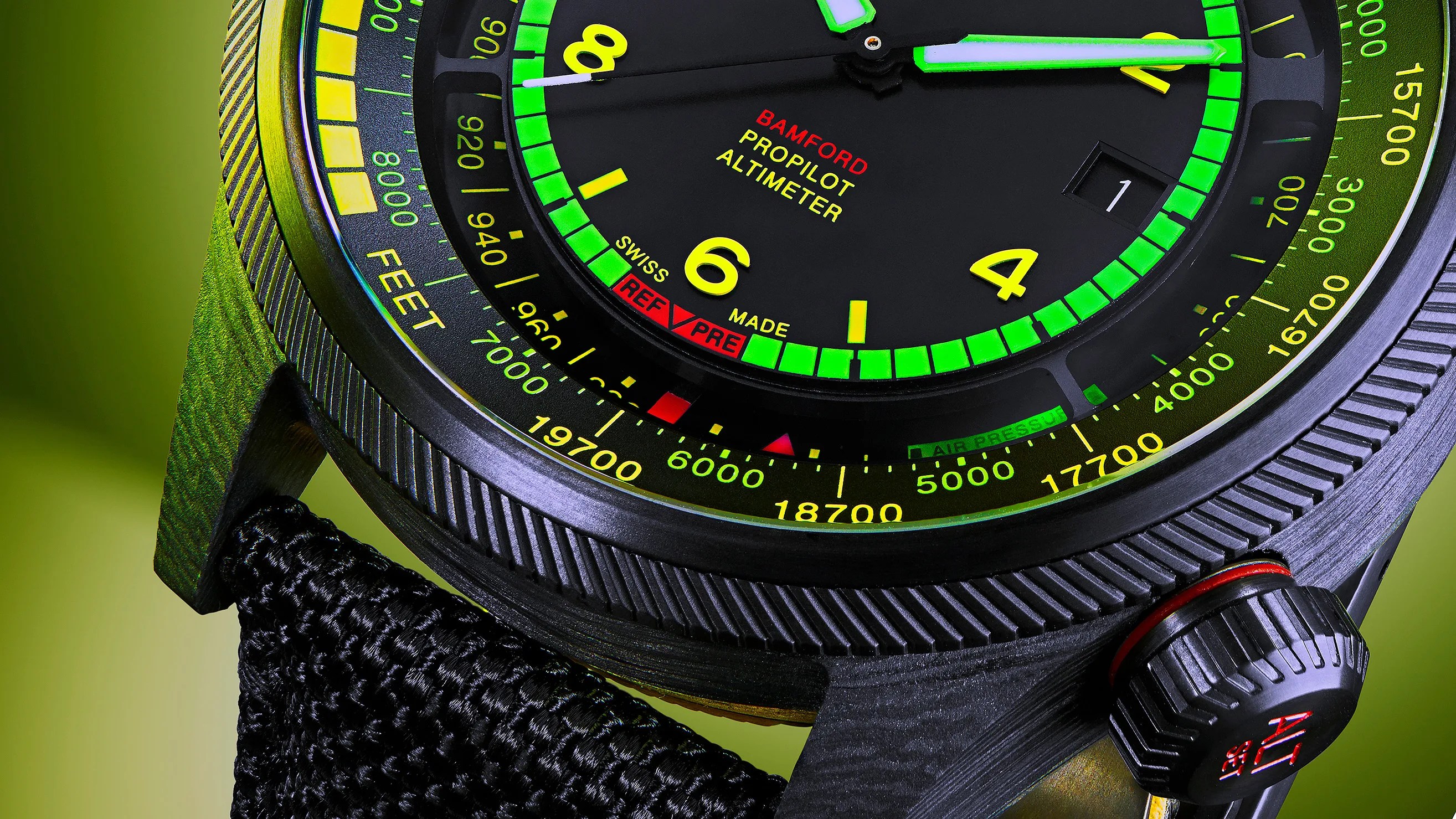 Close-up of an Oris ProPilot Altimeter watch face with a black dial, bright yellow numerals, and green luminous markers. The watch features a black textured bezel with yellow altitude markings in feet, and a black woven strap. The crown has red accents and markings. The background is a gradient green.