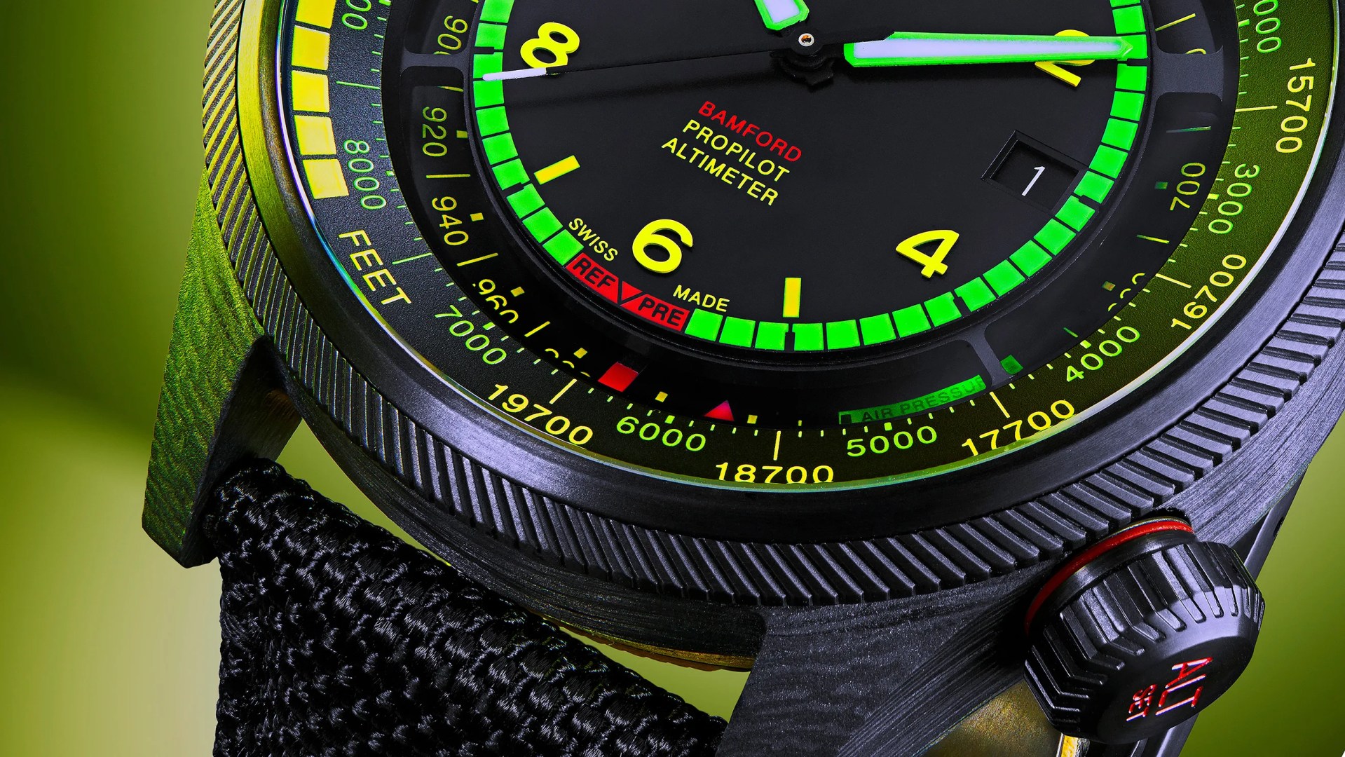 Close-up of an Oris ProPilot Altimeter watch face with a black dial, bright yellow numerals, and green luminous markers. The watch features a black textured bezel with yellow altitude markings in feet, and a black woven strap. The crown has red accents and markings. The background is a gradient green.