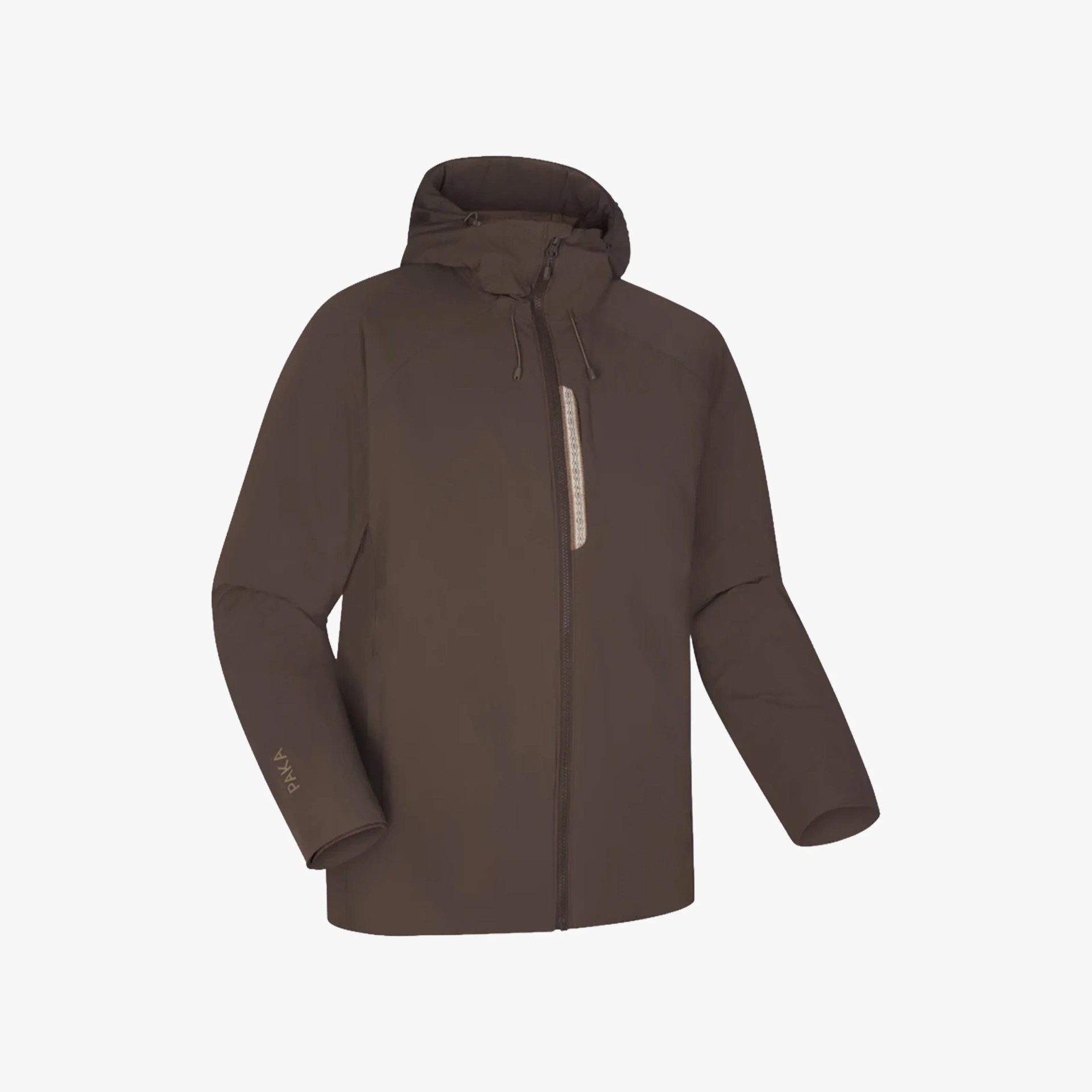 Brown hooded jacket with a front zipper and a vertical zippered chest pocket. The jacket has long sleeves, with the brand name "P&Aacute;VLA" printed near the left wrist. The hood features adjustable drawstrings.