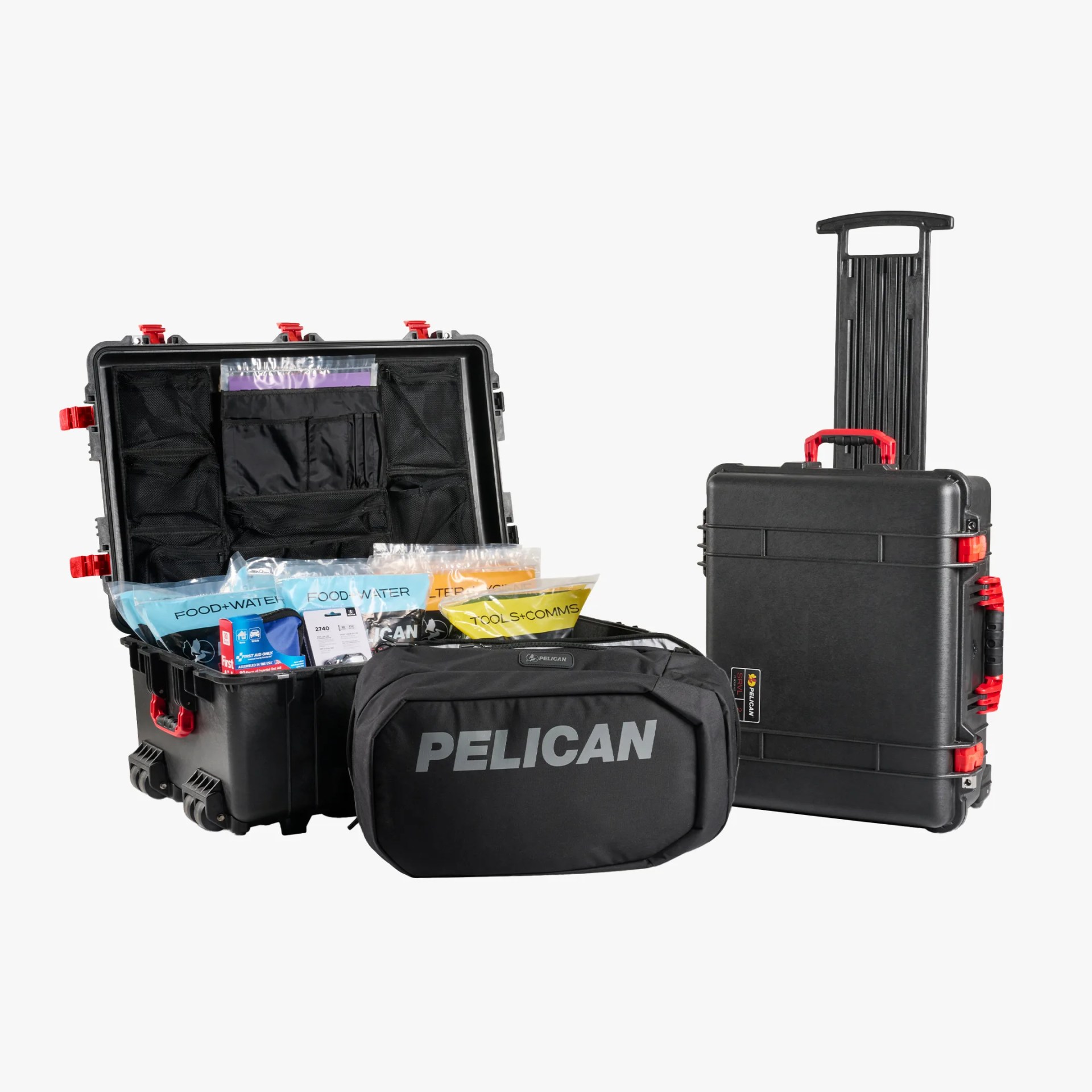 Black Pelican hard case with red latches and wheels, shown both closed with an extended handle and open with organized compartments inside. The open case contains various labeled emergency supply pouches, including "FOOD+WATER," "TOOLS+COMMS," and a first aid kit. A black Pelican-branded soft pouch is placed in front of the cases.