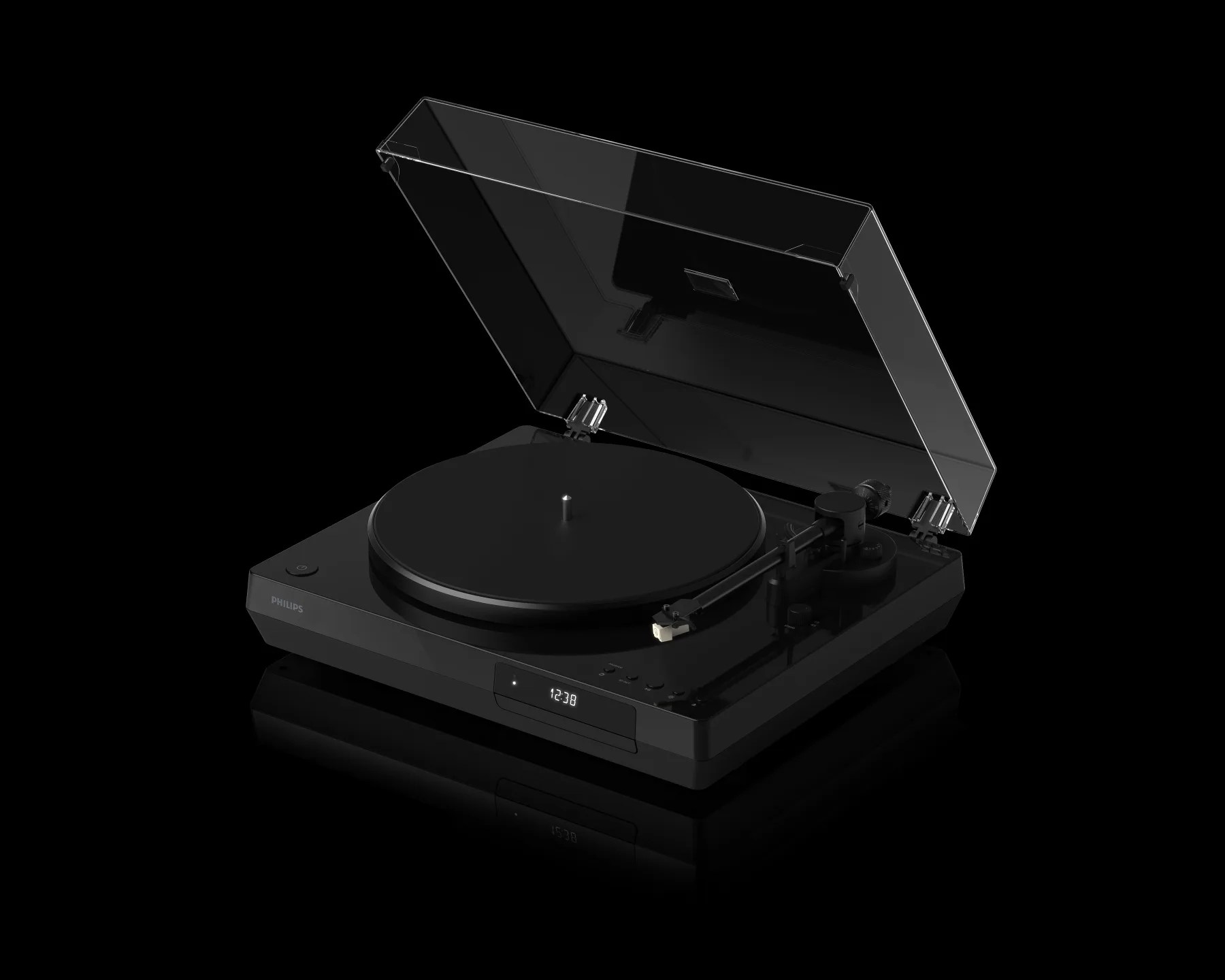 Black Philips turntable with a transparent dust cover open, featuring a digital clock display on the front panel, a tonearm, and control buttons on the right side.