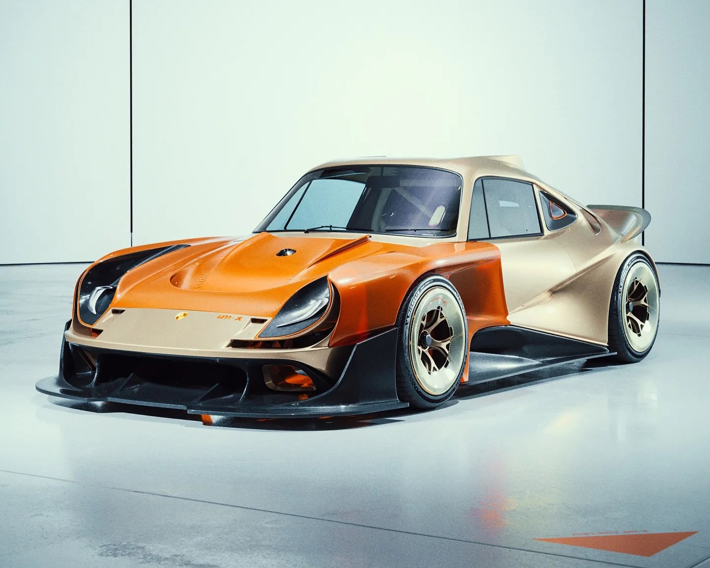 A sleek, low-profile sports car with a wide body kit, featuring a two-tone paint job in metallic gold and orange. The car has large, deep-dish wheels with gold rims, a prominent front splitter, and aerodynamic side skirts. The headlights are integrated into the fenders, and the rear has a large wing spoiler. The design is modern with a retro racing aesthetic.
