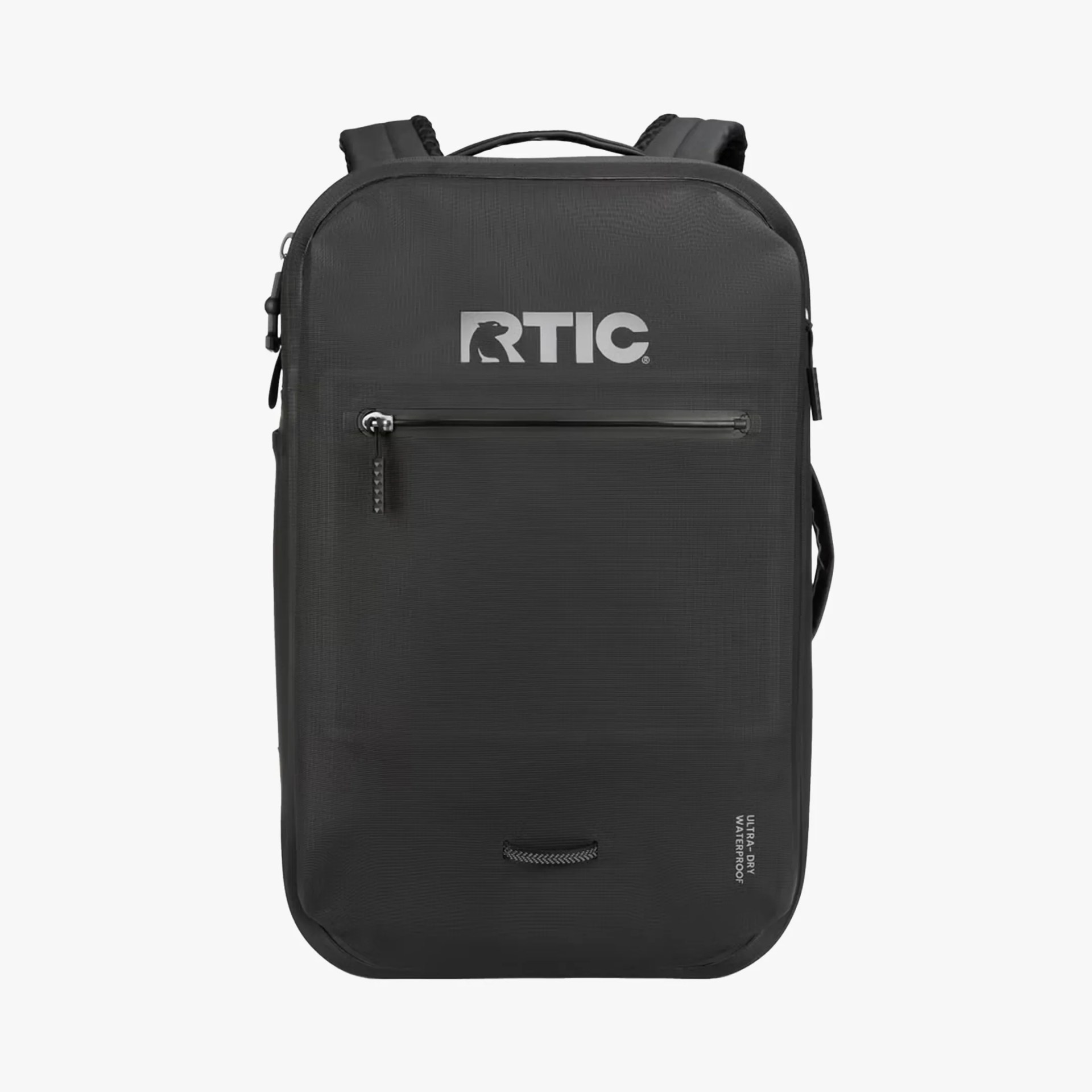 Black rectangular backpack with a front zippered pocket, padded shoulder straps, a top handle, and the RTIC logo printed in white near the top center. The bottom right corner has the text "ULTRA-DRY WATERPROOF" printed vertically.