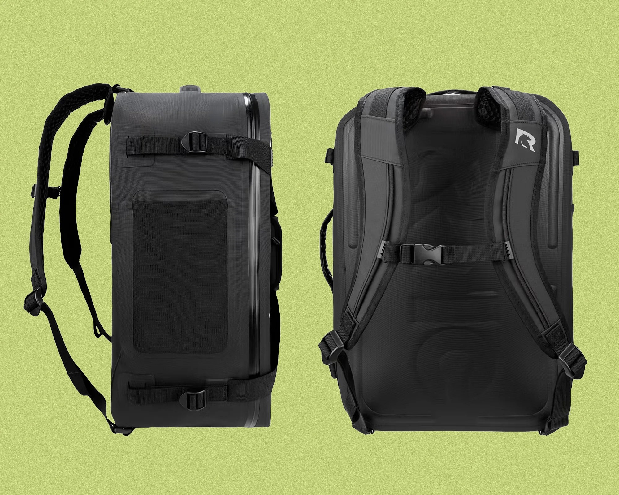 Two views of a black backpack with padded shoulder straps and adjustable buckles. The left side shows the backpack from the side, highlighting compression straps and a mesh panel. The right side shows the back of the backpack with padded back support and a sternum strap. The backpack has a sleek, durable design.