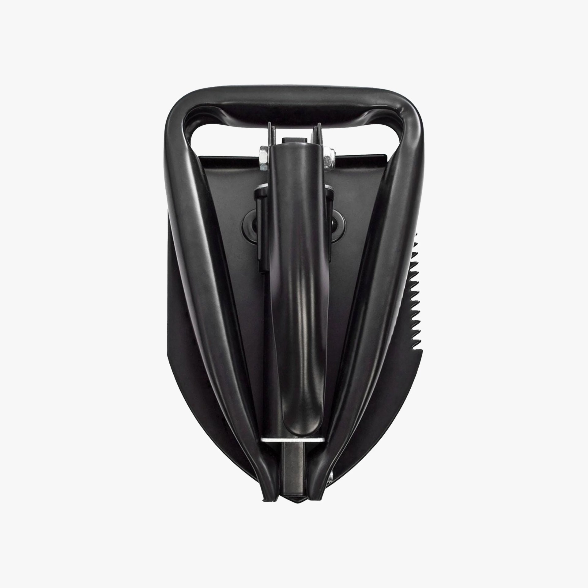 Black folding shovel with a serrated edge on one side, compactly folded with a handle at the top.