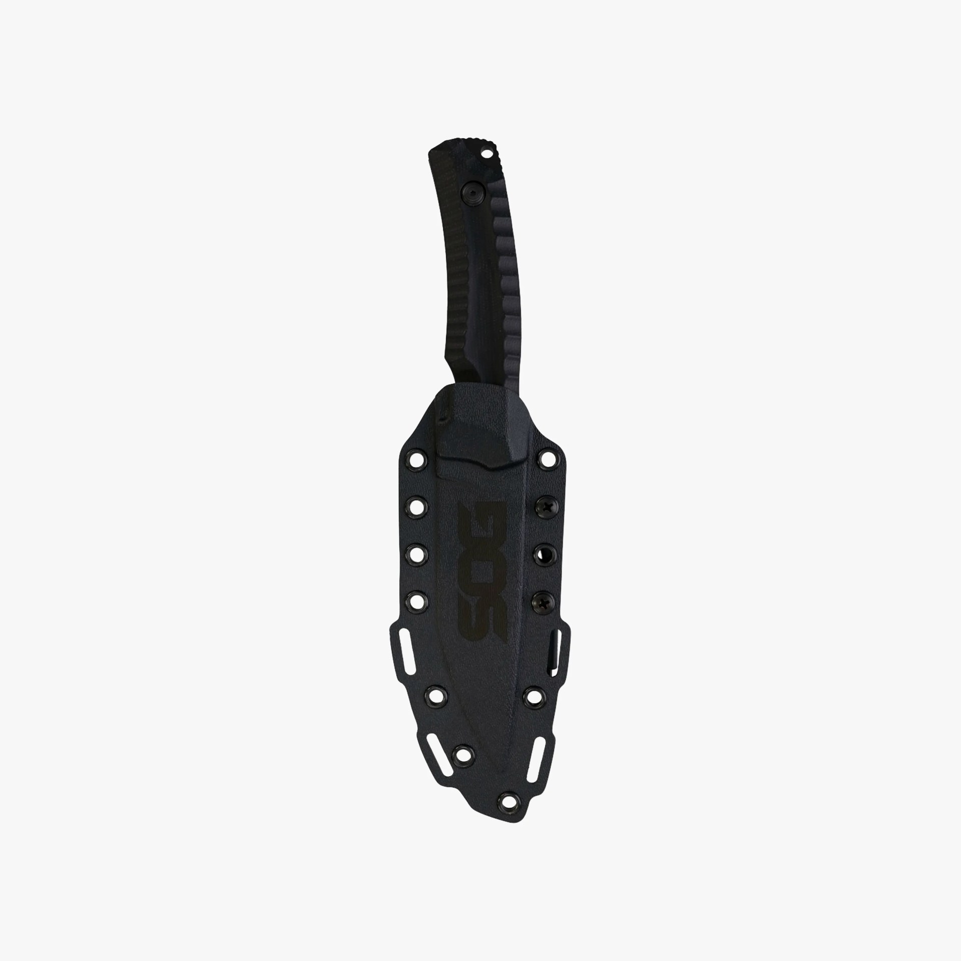 Black tactical knife with a textured handle, partially sheathed in a black protective cover featuring multiple rivet holes and the "SOG" logo printed on the sheath.