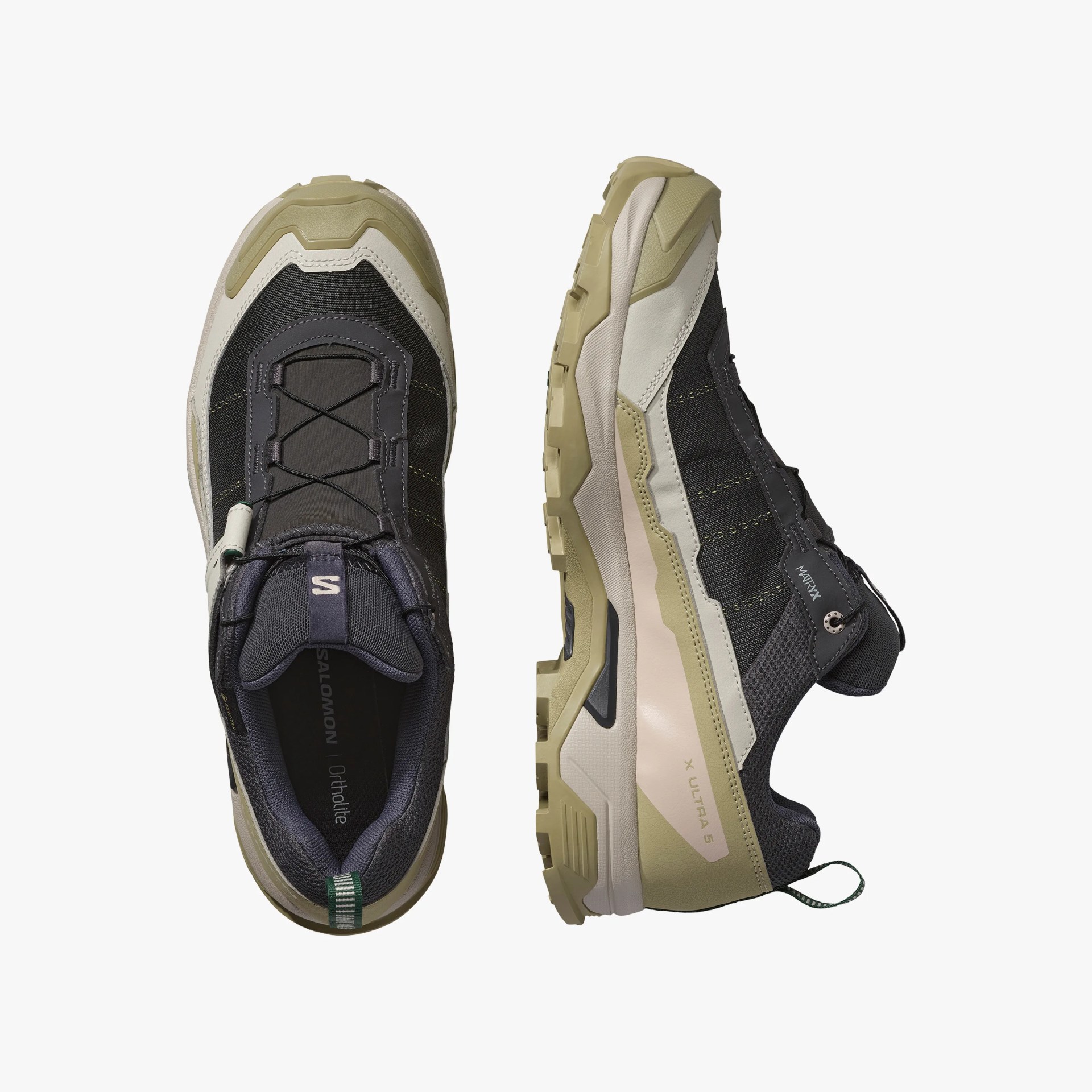 Pair of trail running shoes with a rugged design, featuring a combination of black, beige, and olive green colors. The shoes have a sturdy sole with deep treads for traction, a reinforced toe cap, and a quick-lace system. The side of the sole is marked with "X ULTRA 5," and the upper includes mesh and synthetic overlays for durability and breathability. The interior shows "Salomon" branding and "Ortholite" insole technology.