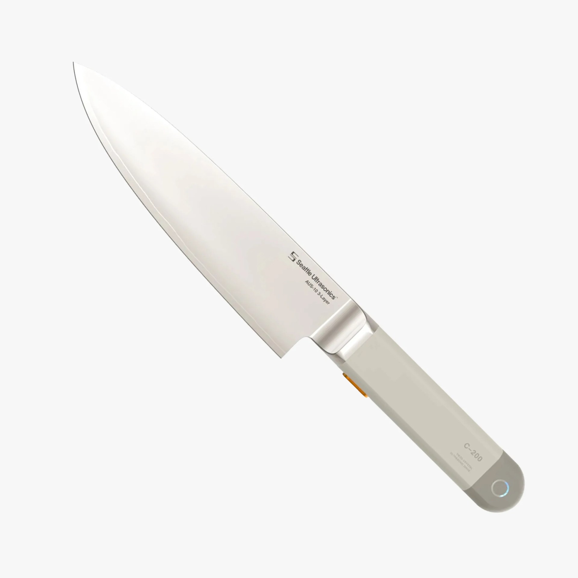 A sleek kitchen knife with a polished stainless steel blade and a light gray handle. The blade is marked with "Seattle Ultrasonics" and "AUS-10 3-Layer." The handle has a modern, minimalist design with a small circular light near the end and the label "C-200." The knife has a clean, contemporary appearance.