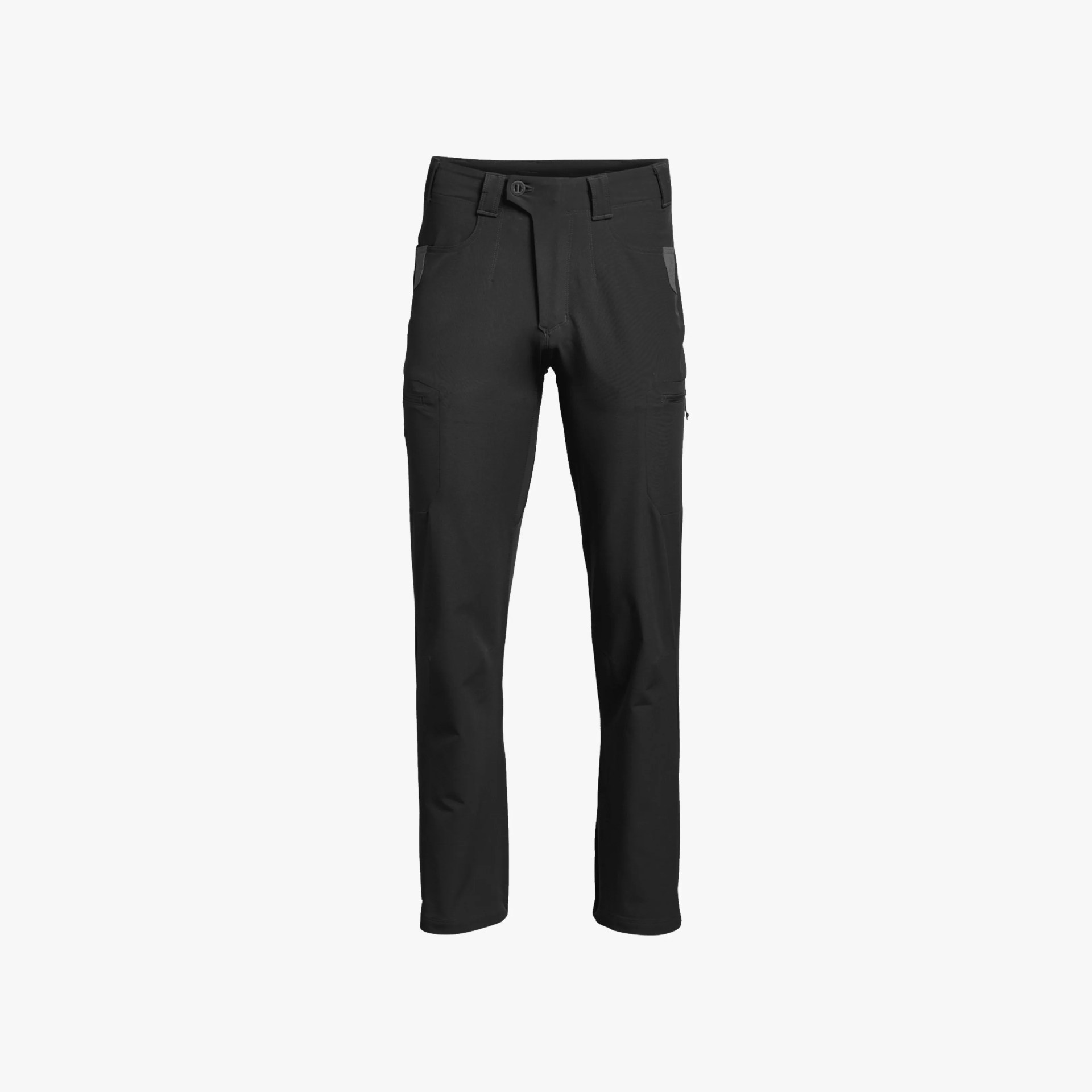 Black straight-leg pants with a button and zipper closure, belt loops, and side pockets. The fabric appears smooth and slightly stretchy.
