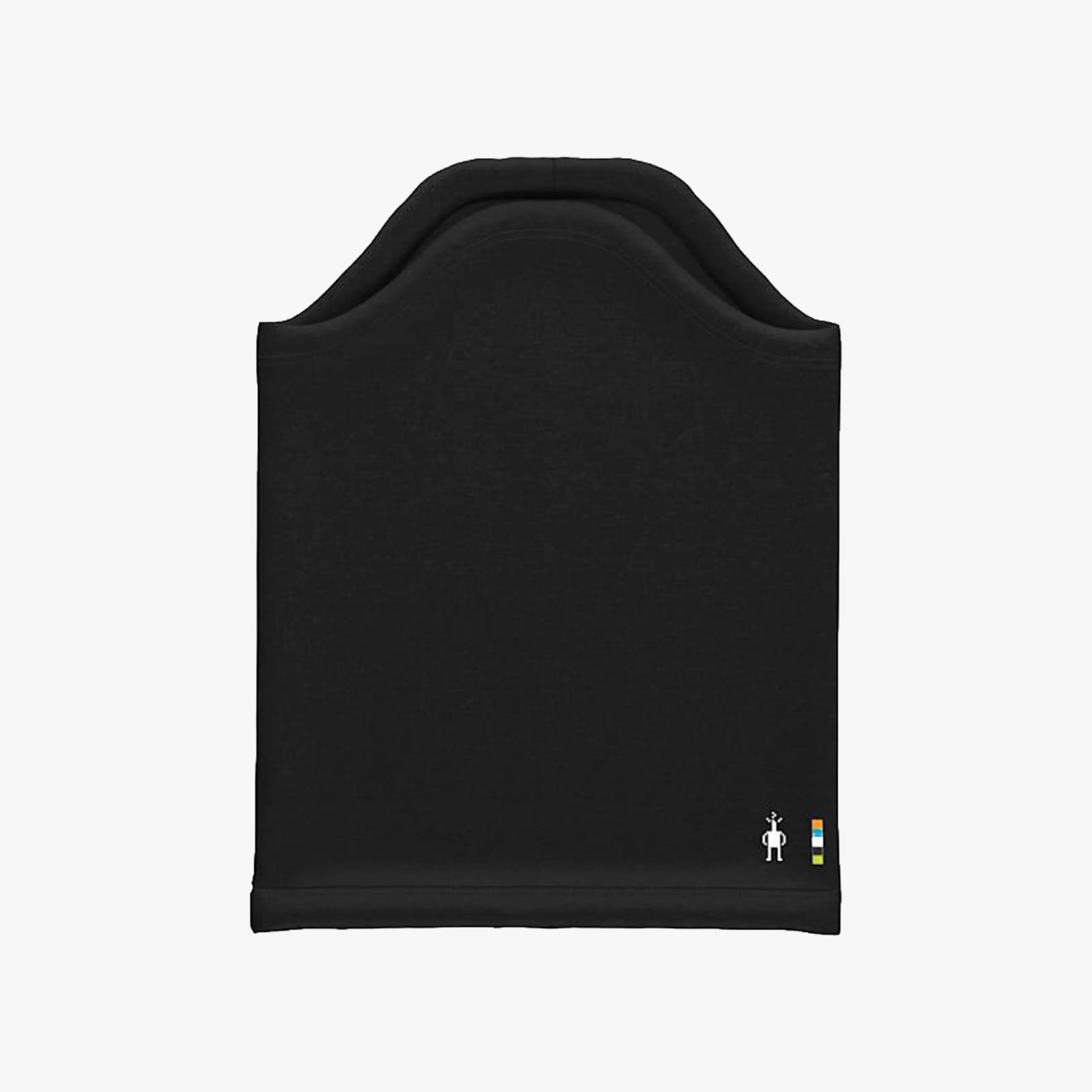 Black neck gaiter with a contoured top edge and a small white robot logo accompanied by three vertical colored bars (orange, blue, and yellow) near the bottom edge.