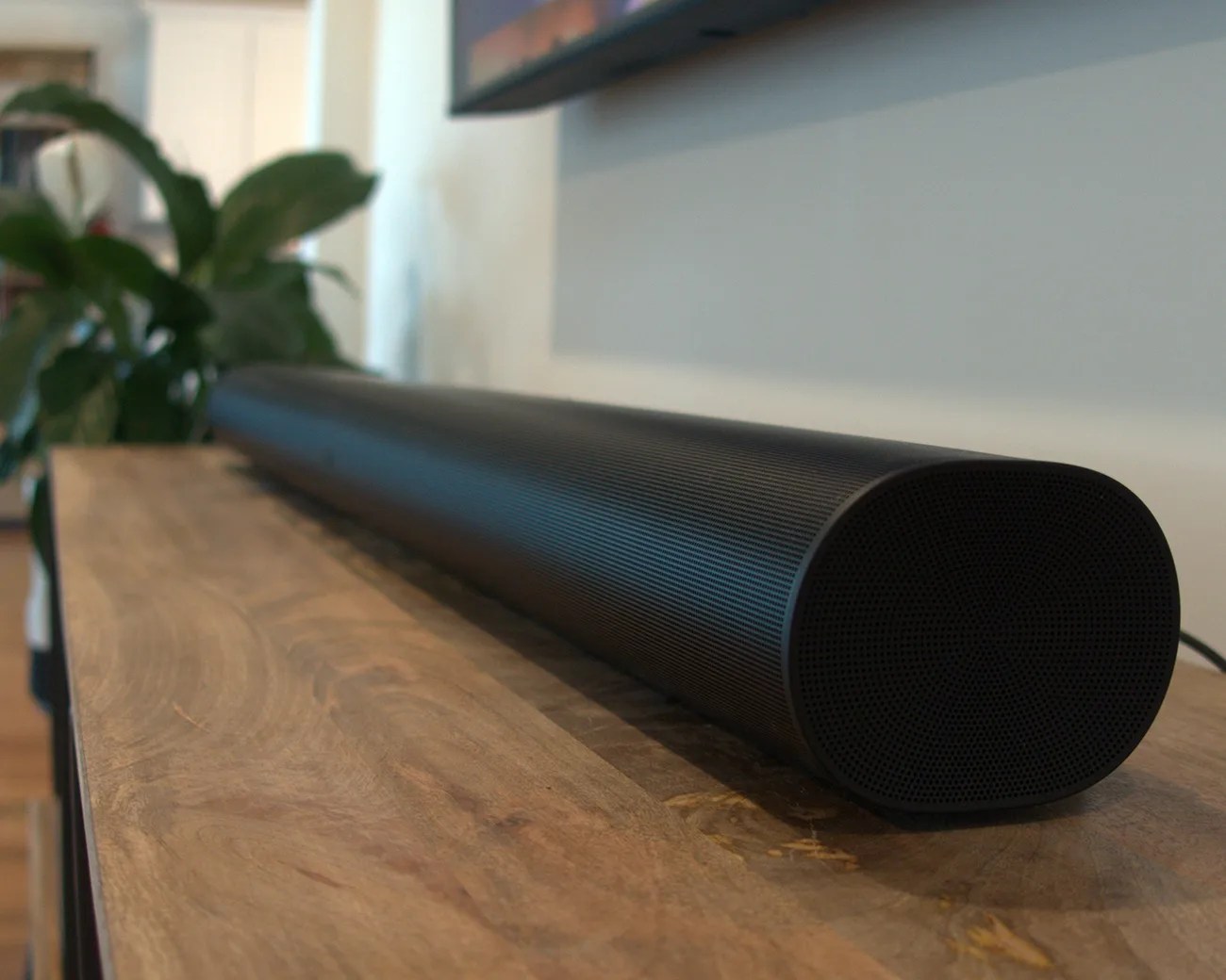 A long, black soundbar speaker with a rounded rectangular shape is placed on a wooden surface. The background includes a blurred green plant and a wall-mounted TV.