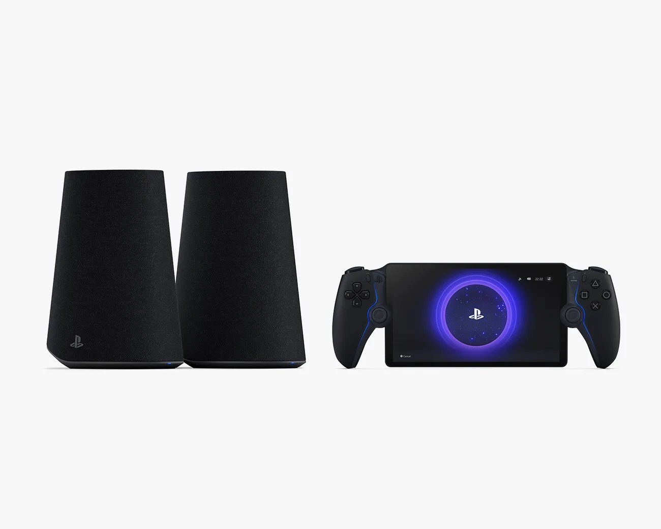 Two black PlayStation Pulse 3D wireless speakers are shown on the left, featuring a sleek, tapered design with the PlayStation logo near the base. On the right, a black PlayStation Portal handheld gaming device with a screen displaying a glowing blue PlayStation logo is visible, equipped with PlayStation-style controls on either side of the screen. The background is plain white.