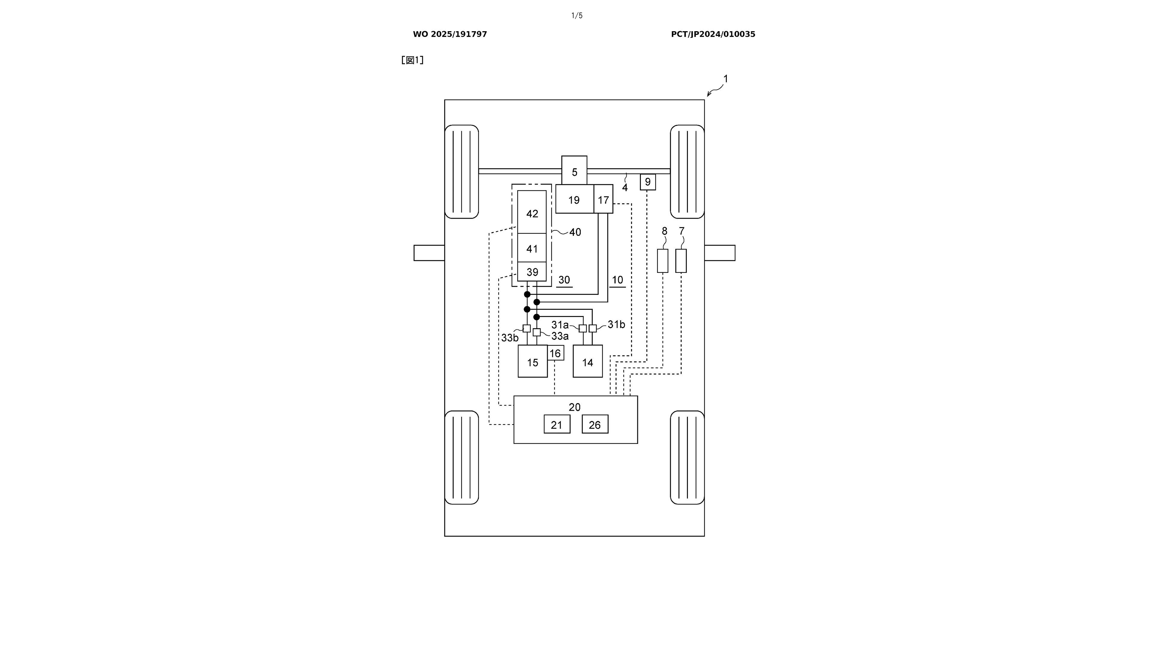 Diagram of a vehicle's internal system layout showing components connected by solid and dashed lines. The vehicle outline includes four wheels. Key components are labeled with numbers: 1 (vehicle outline), 5, 7, 8, 9, 14, 15, 16, 17, 19, 20, 21, 26, 30, 31a, 31b, 33a, 33b, 39, 40, 41, and 42. Components 39, 41, and 42 are grouped together within a dashed box labeled 40. Lines indicate connections between components, with some lines solid and others dashed, suggesting different types of connections or signals within the vehicle system.
