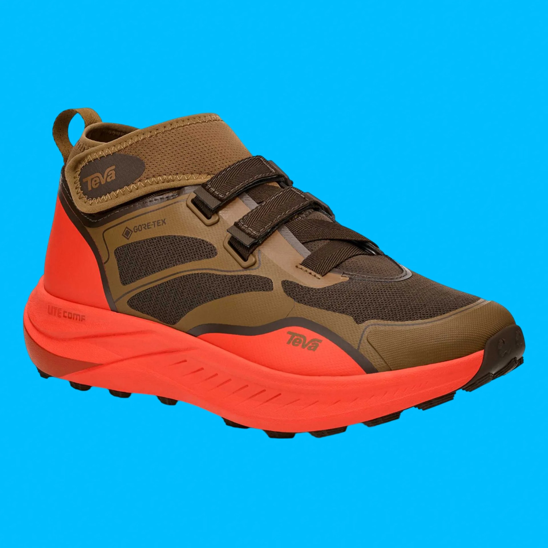 Brown and black Teva Gore-Tex sneaker with bright orange sole and heel, featuring two black straps and a pull tab at the back.